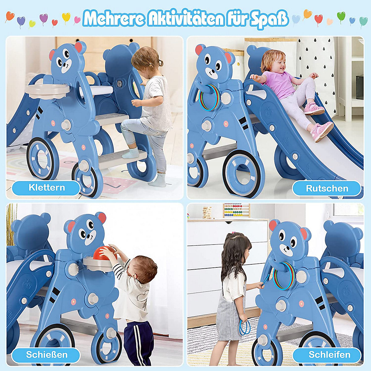 Kinderrutsche Bärenmuster mit Basketballkorb