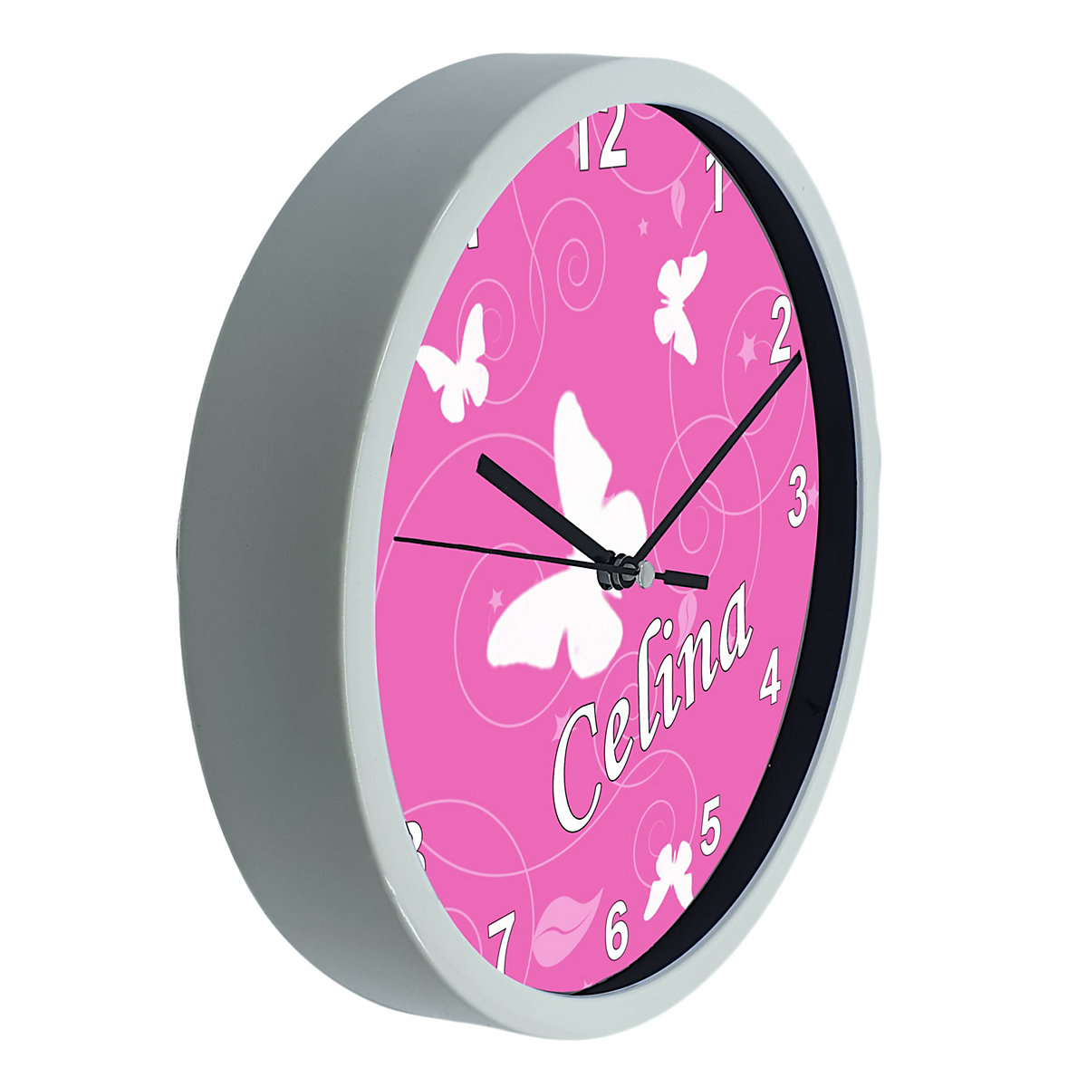 Kinder Wanduhr personalisiert mit Name Schmetterling Rosa