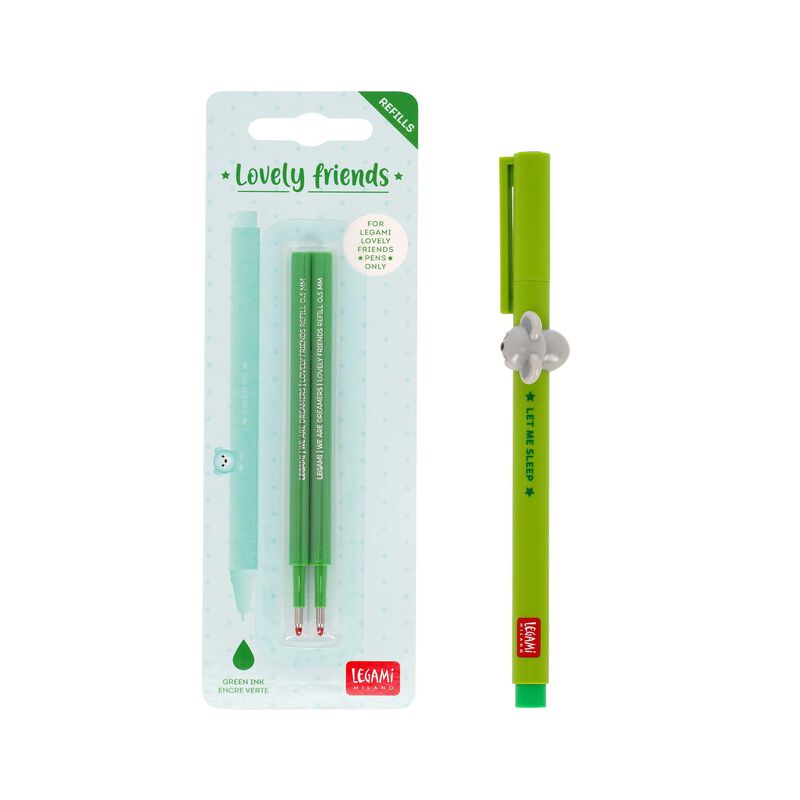 Precioso juego de bolígrafos con diseño de koala y recambio verde.