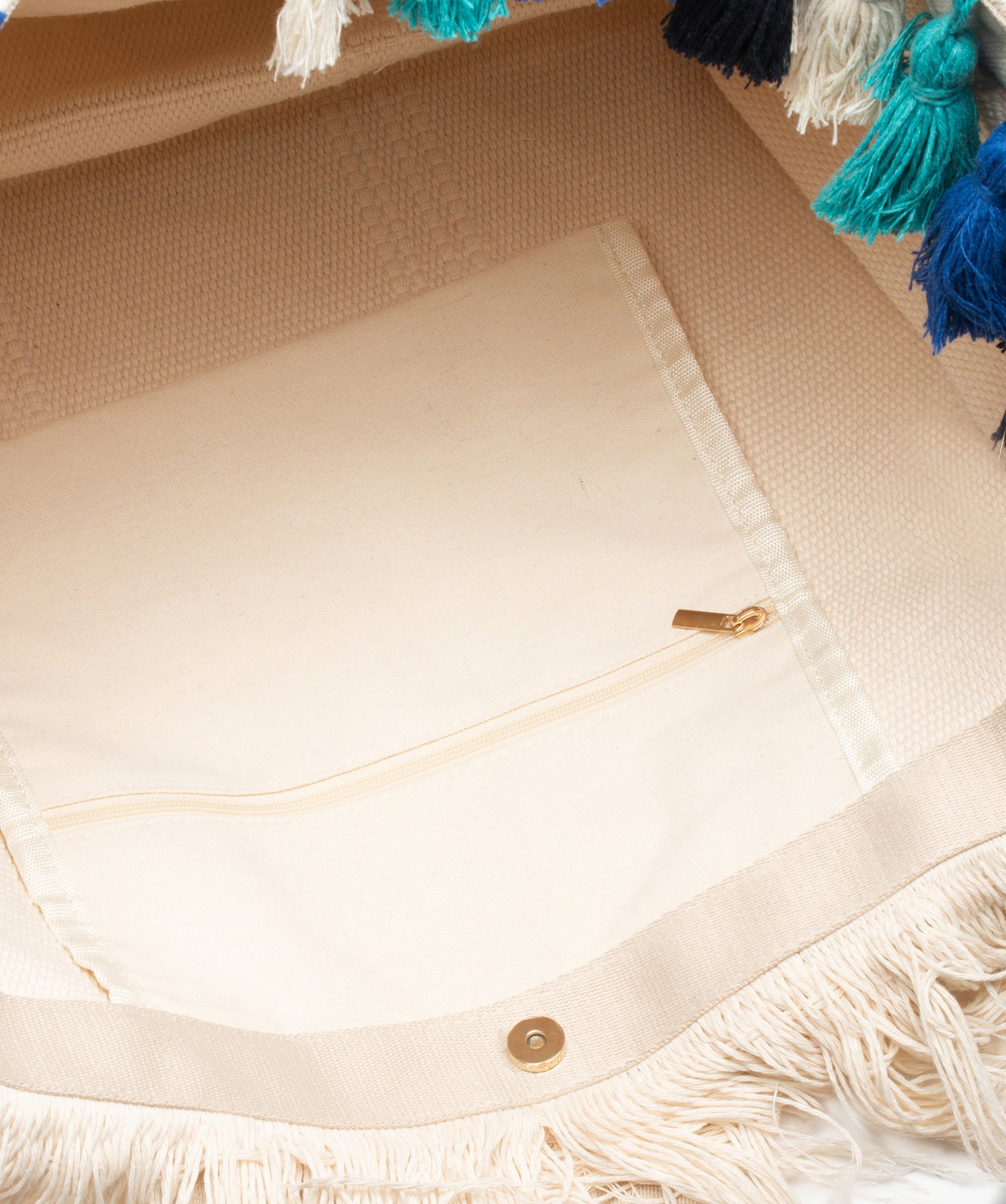 Sac cabas en toile avec pompons, franges et motifs géométr... beige | GEMO