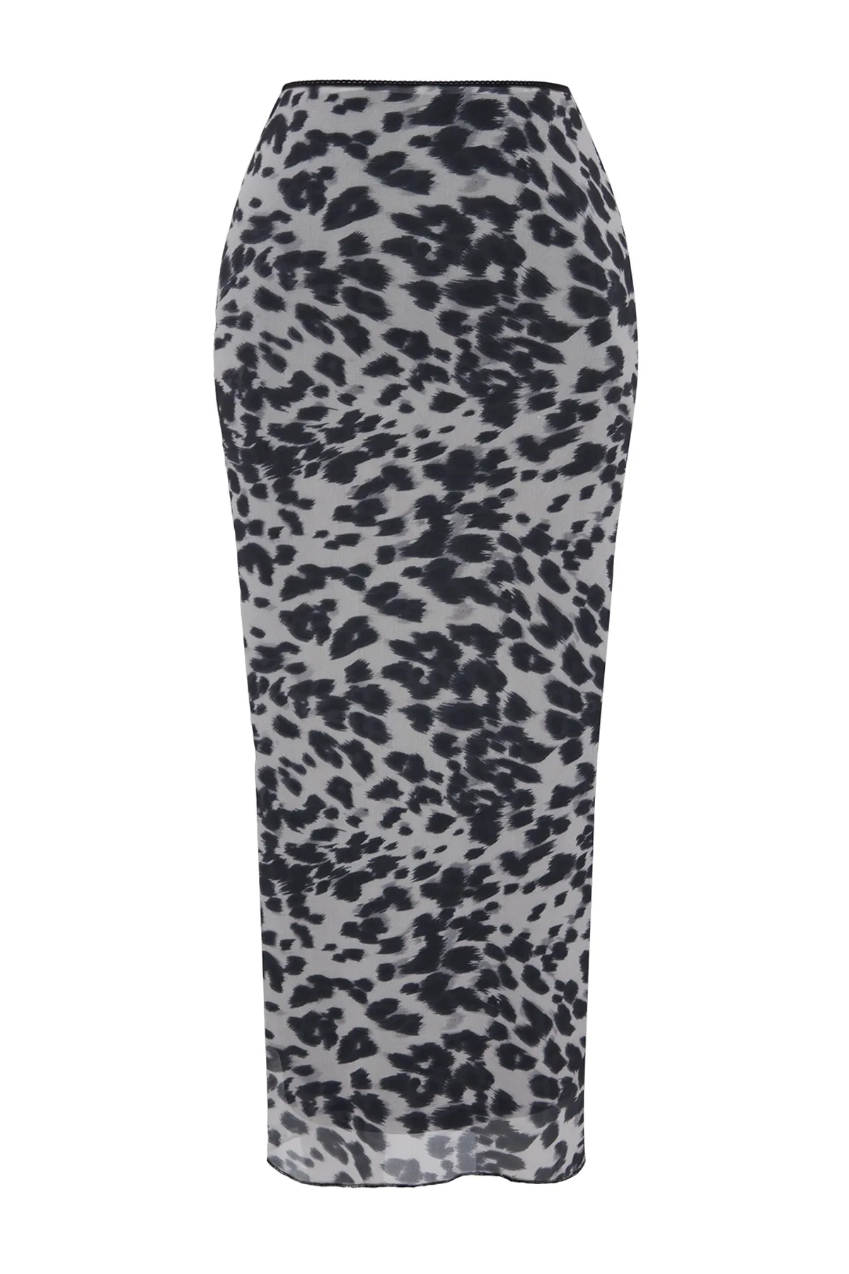 Trendyol Collection  Schwarzer Maxi-Strickrock aus dehnbarem, bedrucktem Tüll mit Taillendetail TWOAW24ET00124