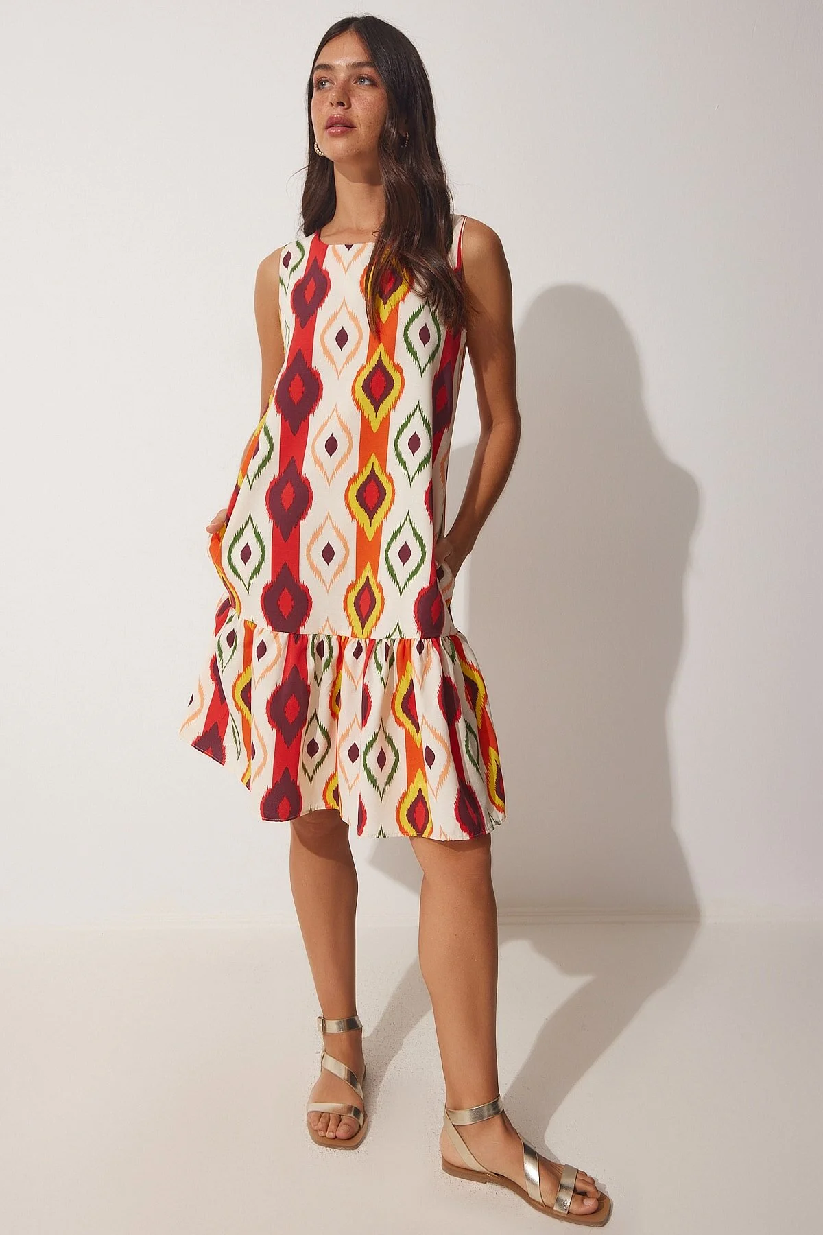 Happiness İstanbul  Damen-Sommerkleid aus Popeline in Creme-Orange mit Muster LU00021