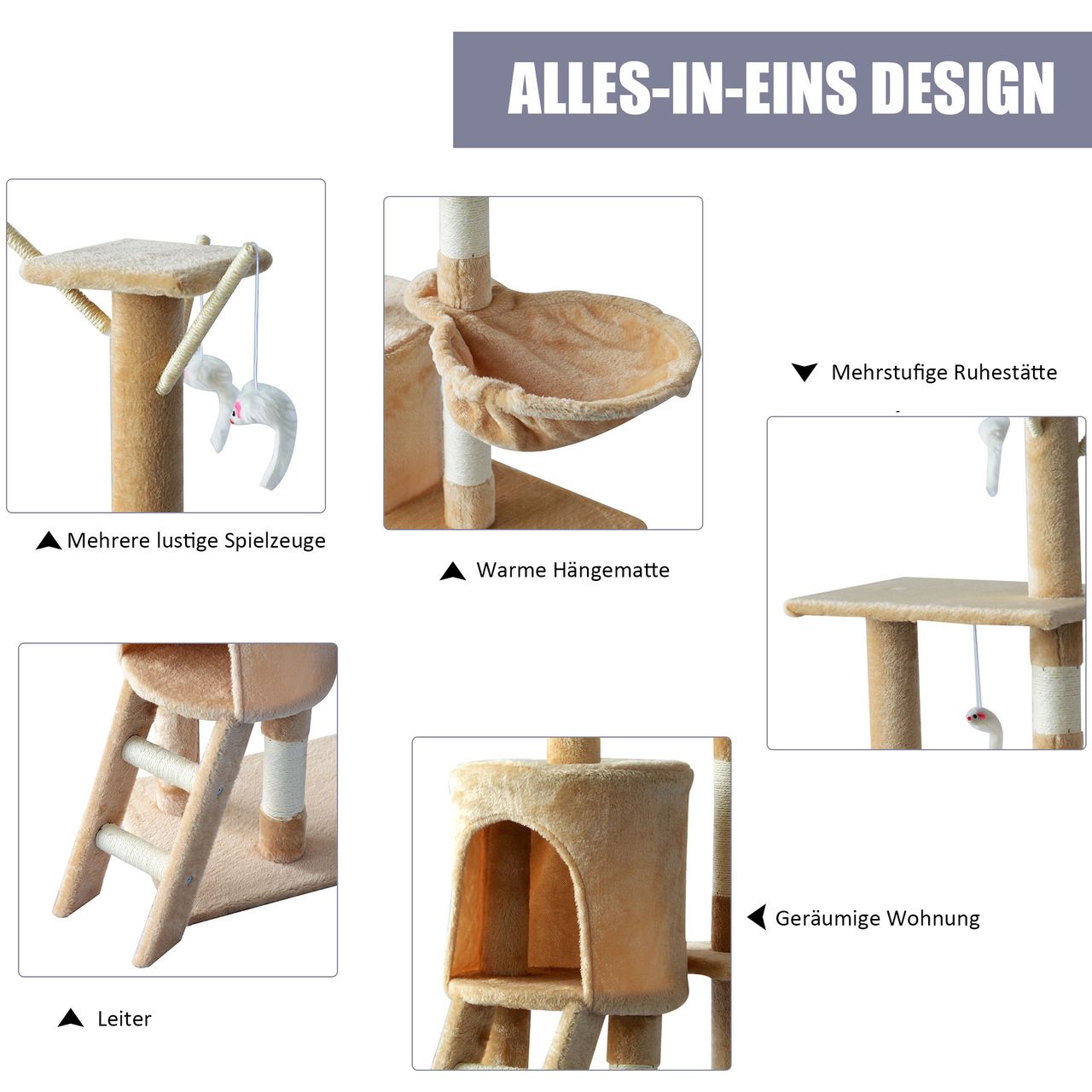 PawHut Katzenbaum Kratzbaum Katzenkratzbaum Kletterbaum Katze Treppe 4 Spielzeug
