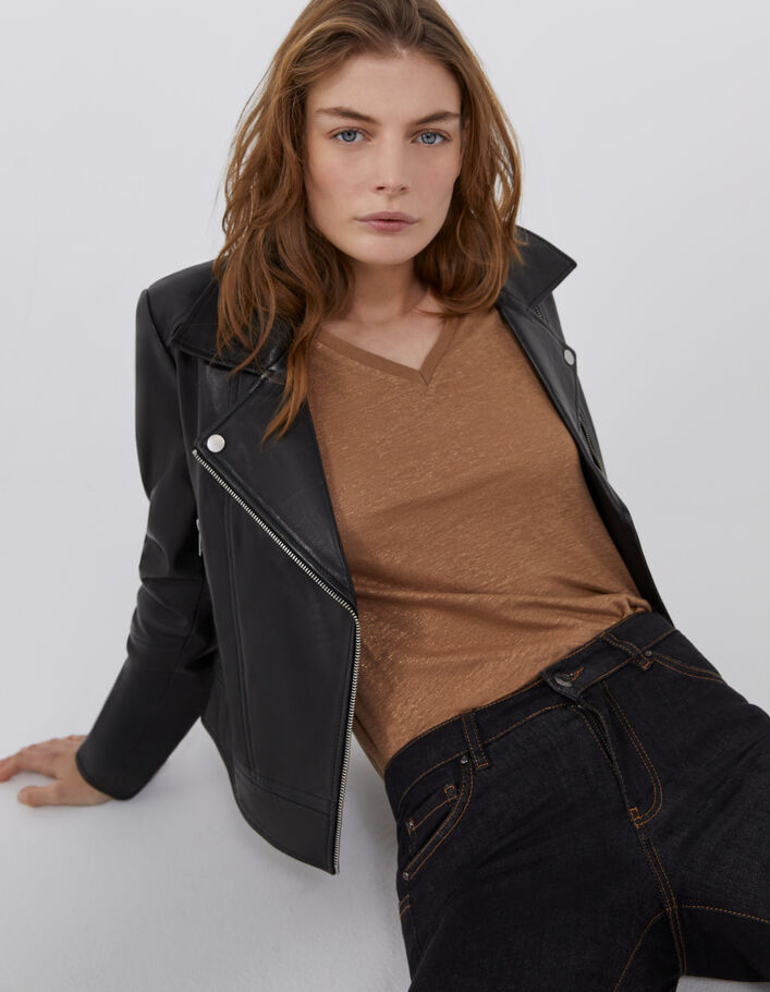 Tee-shirt col V camel en lin foil femme