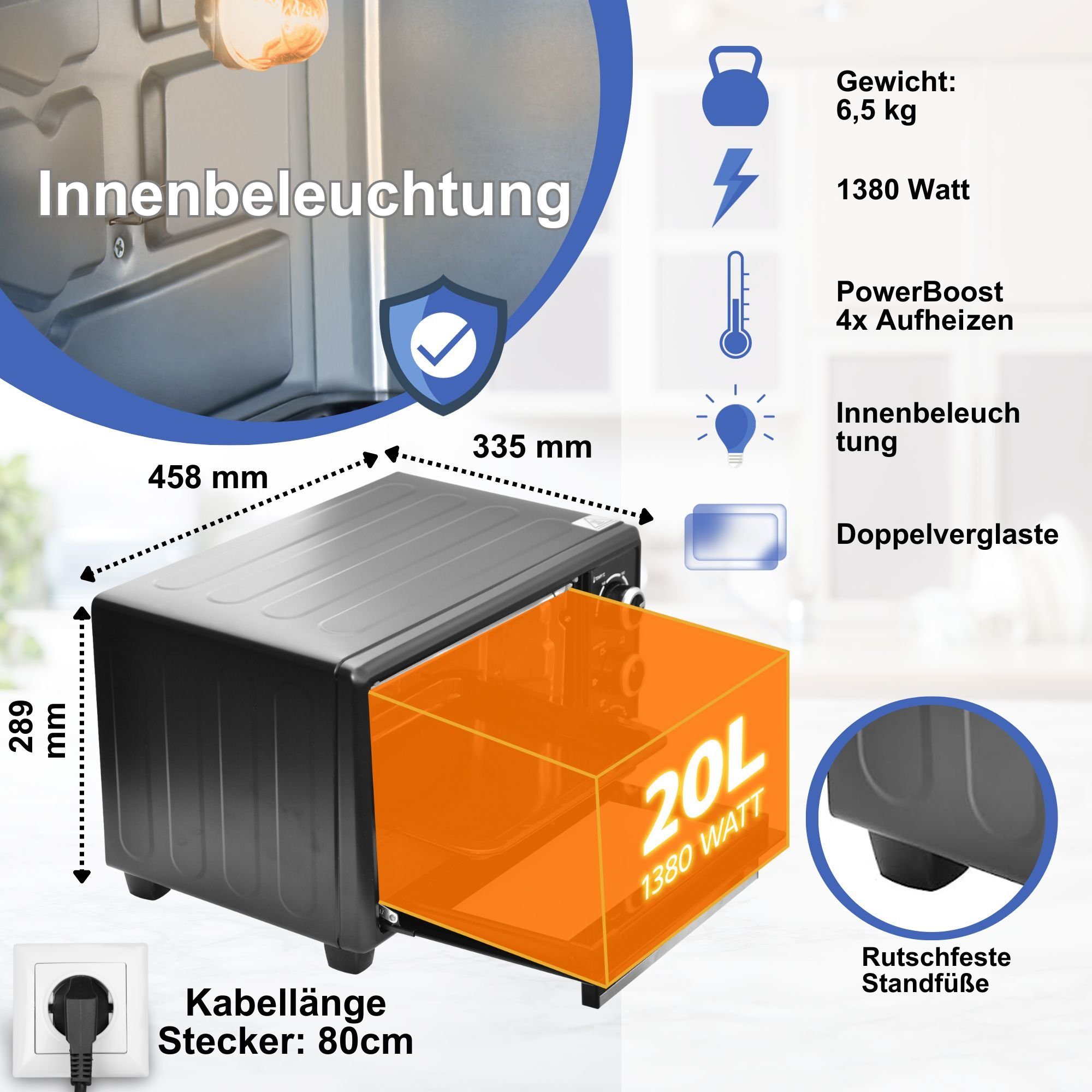 optimumX Minibackofen 20 Liter Klein Minibackofen, Umluft, 1380W, 6 Kochfunktion, 90°-230°C, 60 Min Timer, Pizza-Ofen, 1380 W, Schwarz