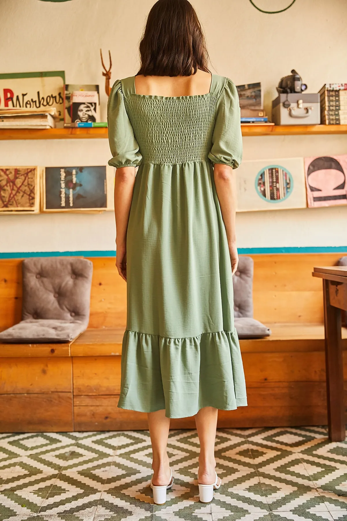 Olalook  Grünes grünes Bodrum-Kleid mit quadratischem Kragen für Damen ELB-19001557