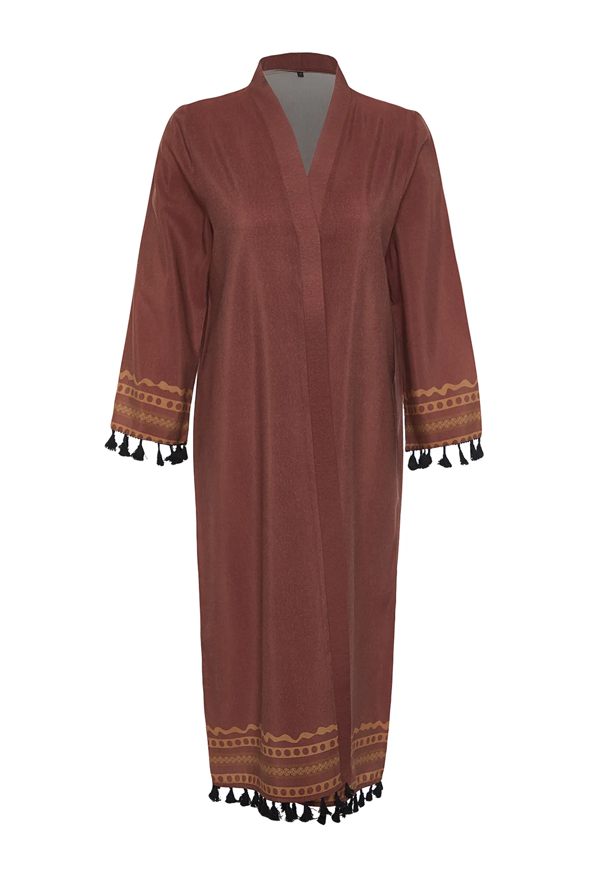 Trendyol Modest  Brauner, ethnisch gemusterter, langer, gewebter Kimono und Kaftan aus Baumwollmischung TCTSS23KK00012