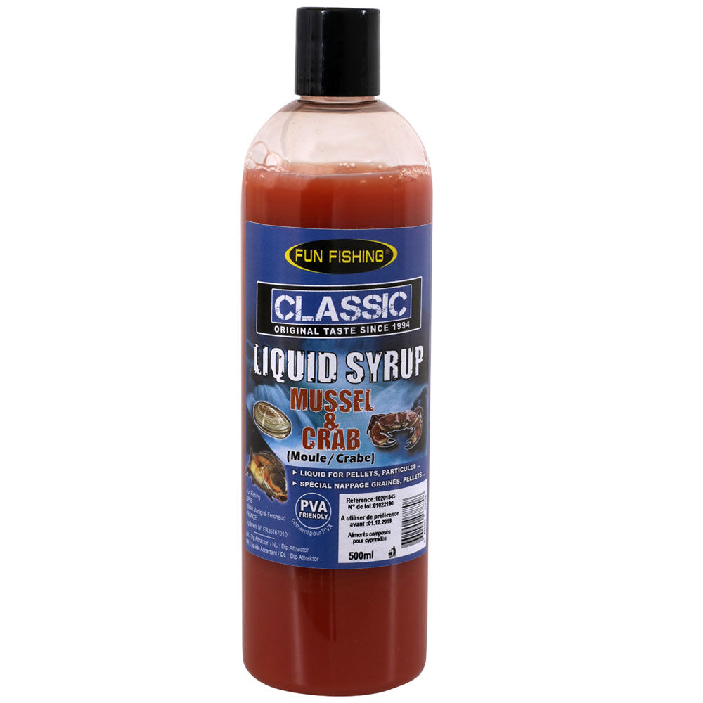 Karperbooster, leuk vissen, klassieke vloeibare siroop, mossel, krab, 480 ml