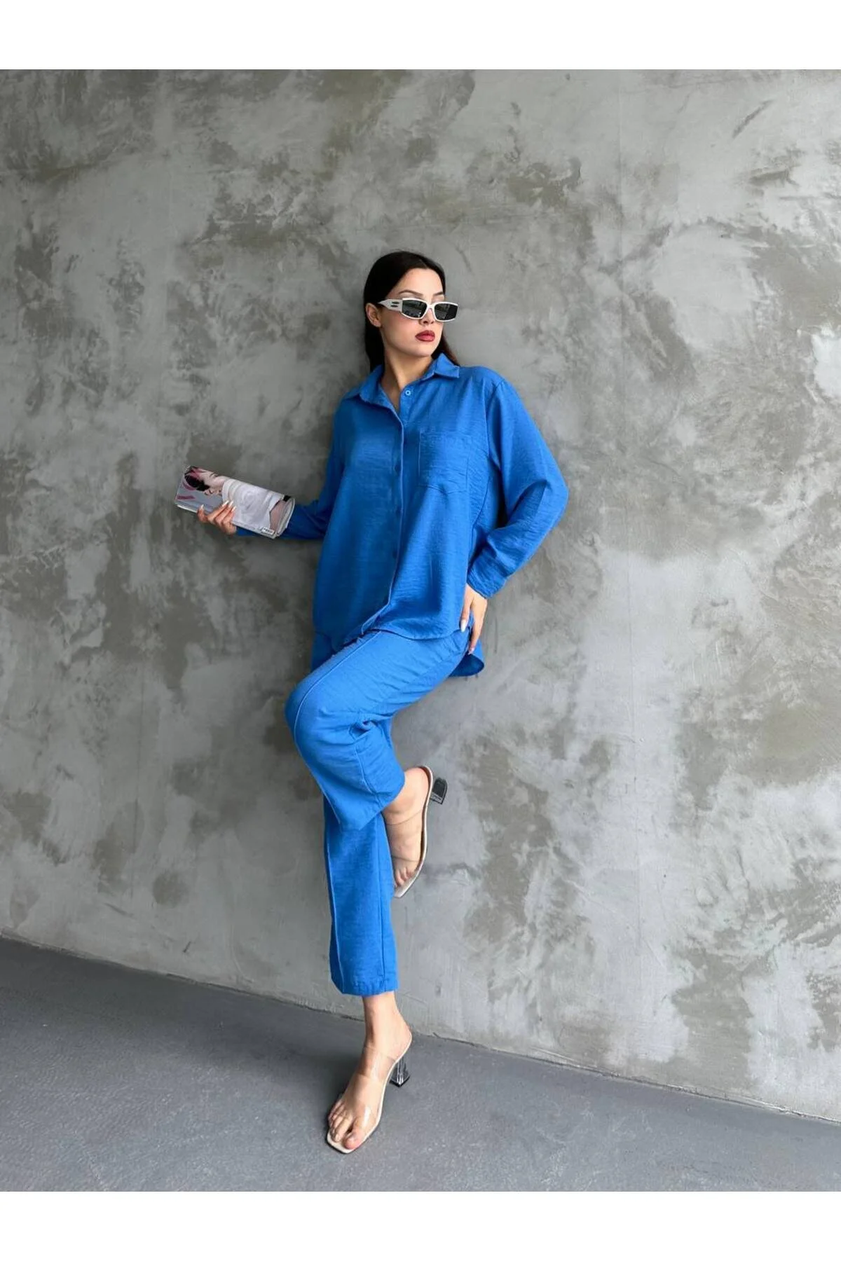 ZF BUTİK  Damen-Set aus doppeltem Leinenhemd, Hose, Unterteil und Oberteil
