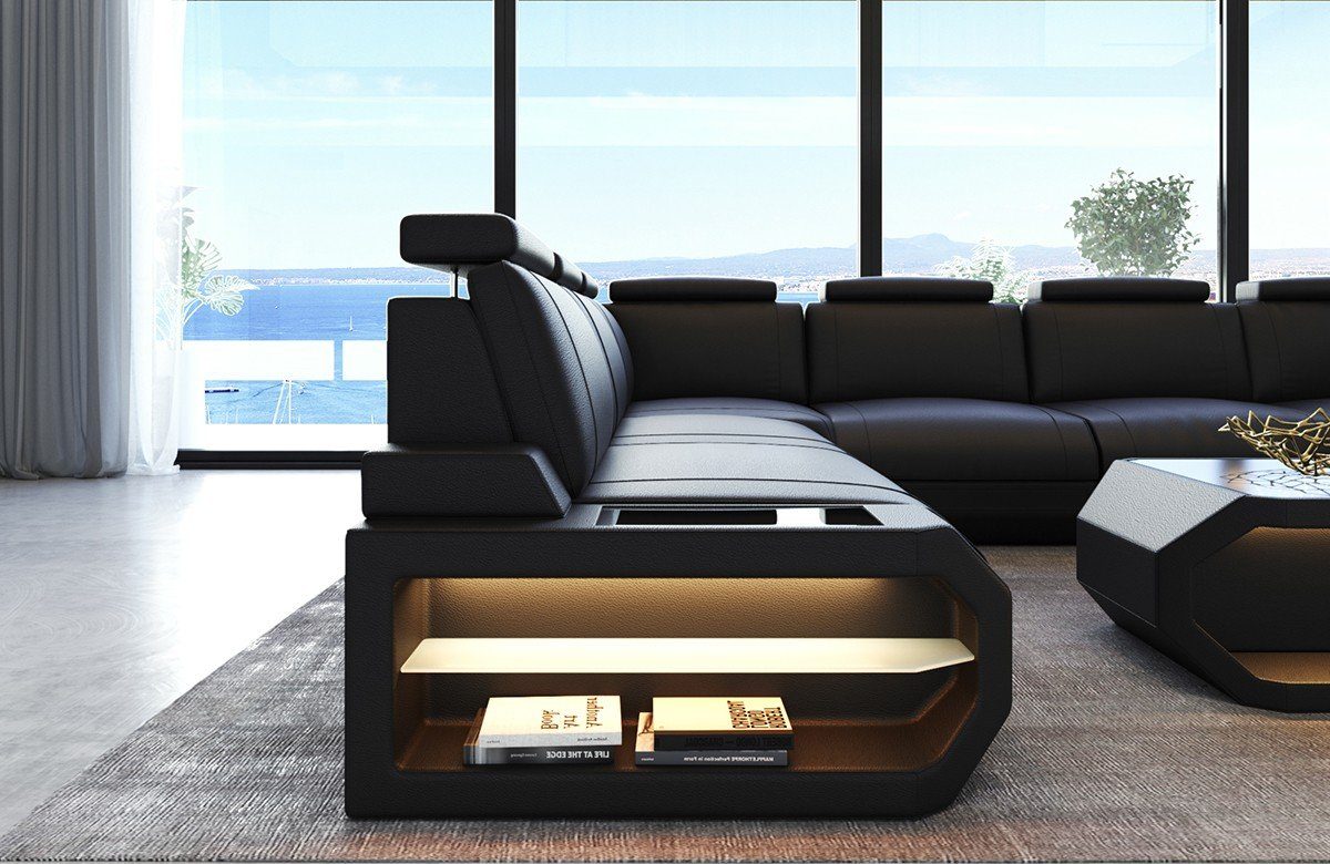 Sofa Dreams Wohnlandschaft Leder Couch Sofa Siena U Form Ledersofa, U-Form Ledersofa Wohnlandschaft mit LED-Beleuchtung und USB
