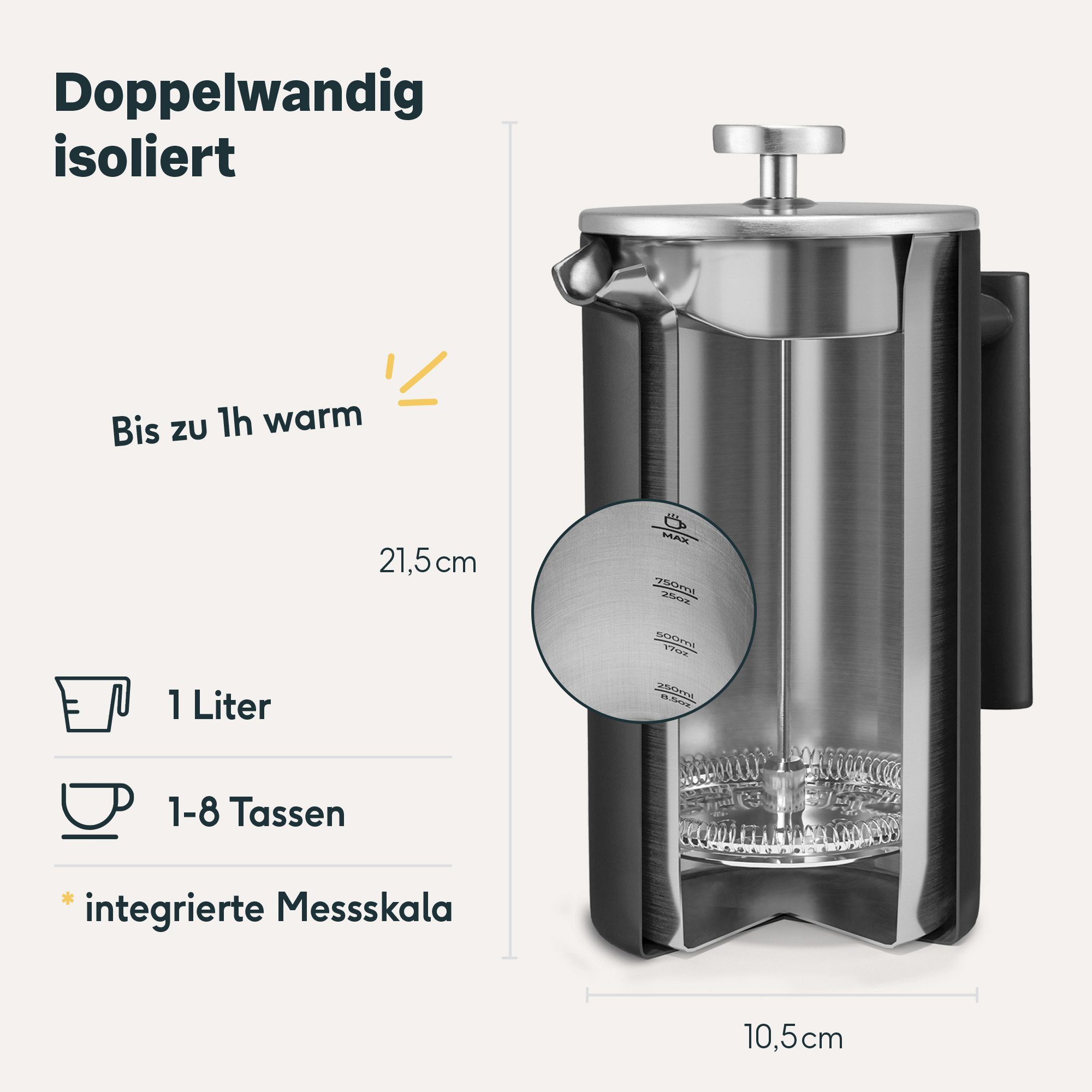 SILBERTHAL French Press Kanne Kaffeepresse Schwarz, 1l Kaffeekanne, Doppelfilter, hält 1h warm, 100 % Edelstahl, kein Strom verbrauch