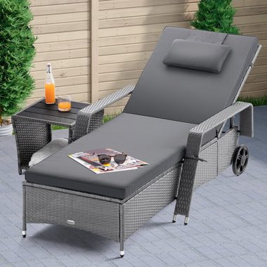 Casaria Gartenliege, Polyrattan Sonnenliege inkl. 7cm Auflage mit Kopfkissen 2 Rollen