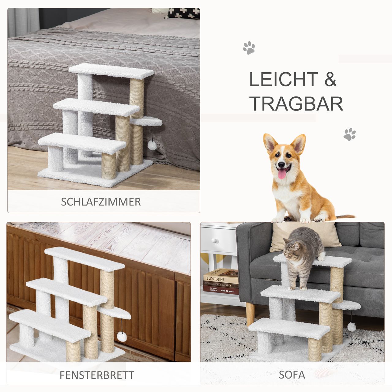 PawHut Haustiertreppe mit Kratzbaum Ball 3-stufige Katzentreppe Hundetreppe Tiertreppe Spanplatte Plüsch Jute Weiß 45 x 40 x 48 cm