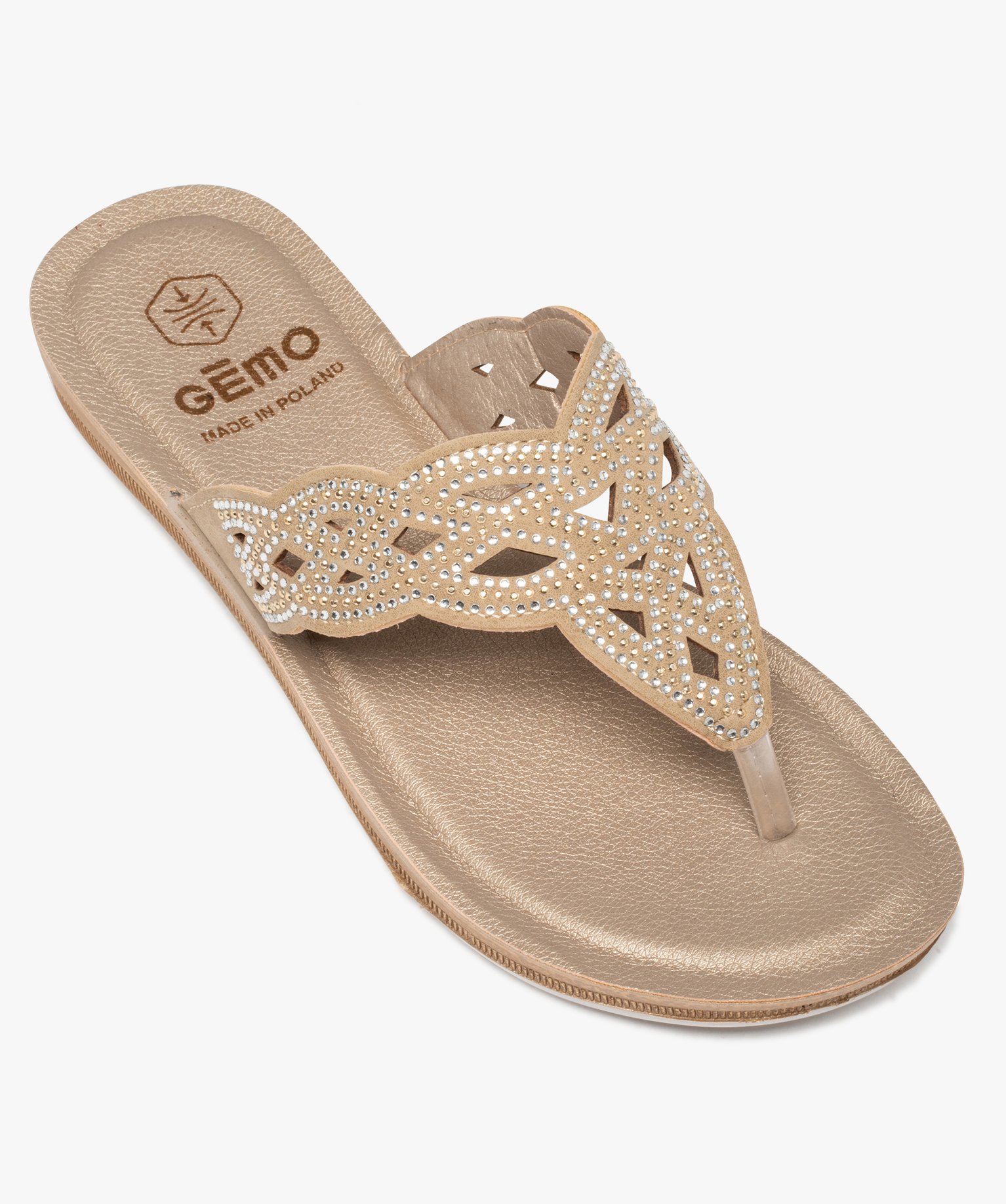 Sandales femme à entre-doigts ajouré couvert de strass or | GEMO