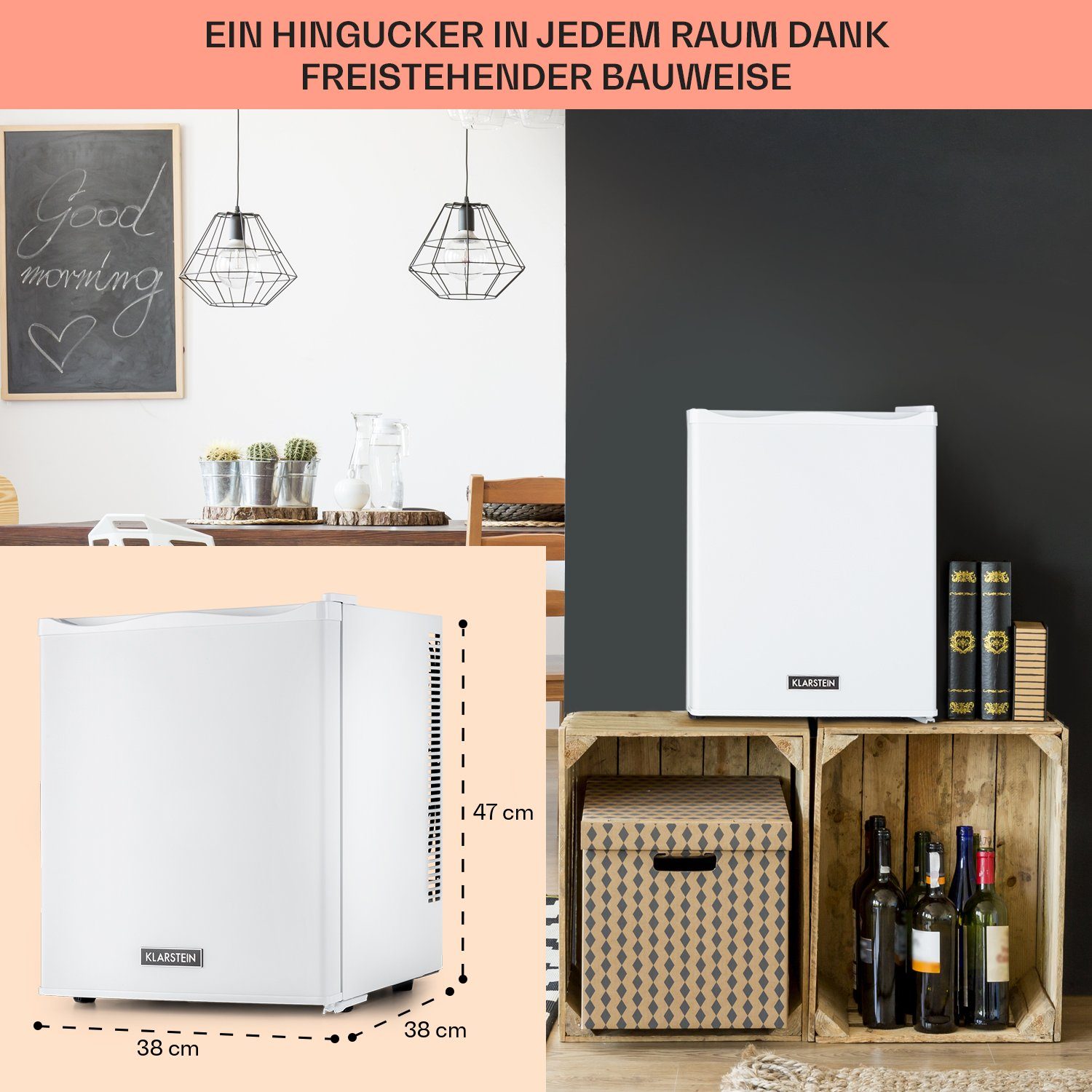 Klarstein Table Top Kühlschrank HEA-HappyHour-Wht 10035239A, 47 cm hoch, 38 cm breit, Hausbar Minikühlschrank ohne Gefrierfach Getränkekühlschrank klein