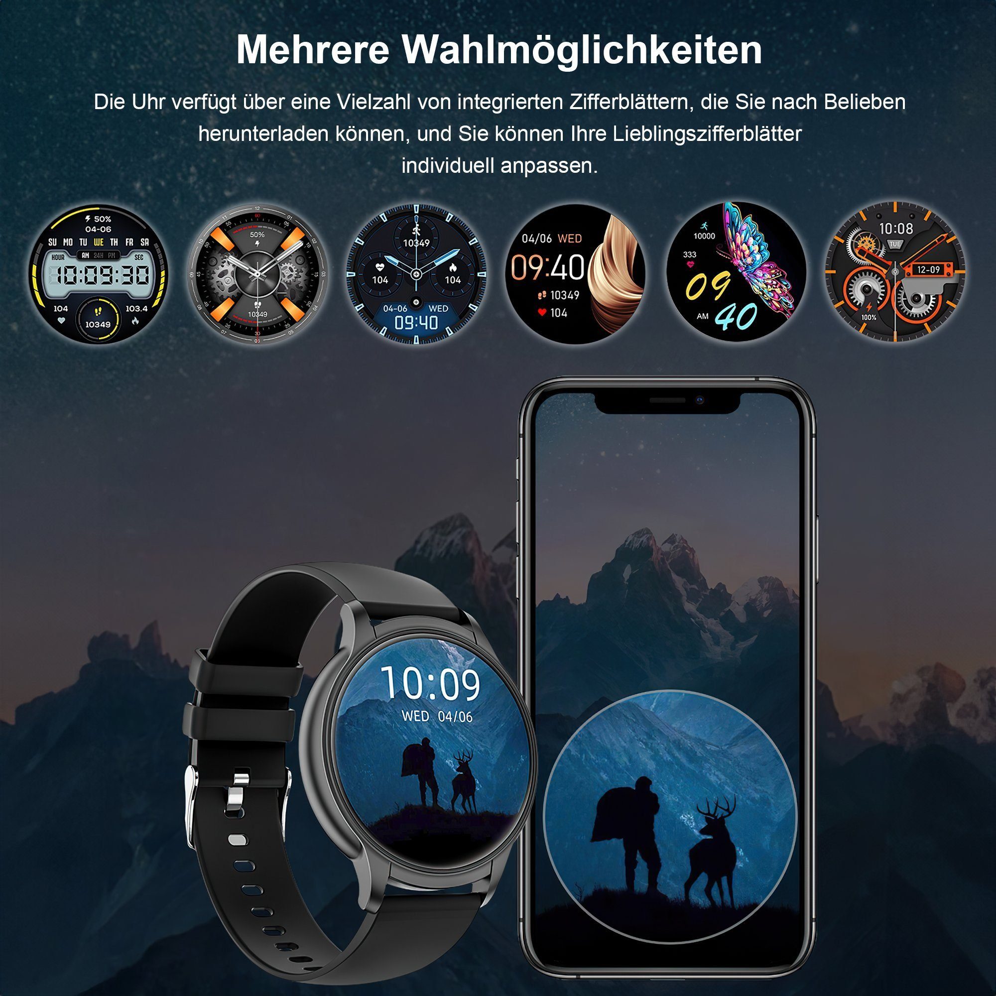 Mutoy Smartwatch Damen Herren Smartwatch, Fitness Tracker Uhr mit Anrufe Smartwatch (Enthält ein Stahlgürtel und ein Silikon Armband, Fitnessuhr mit Telefonfunktion, IP67 Wasserdicht,1.52