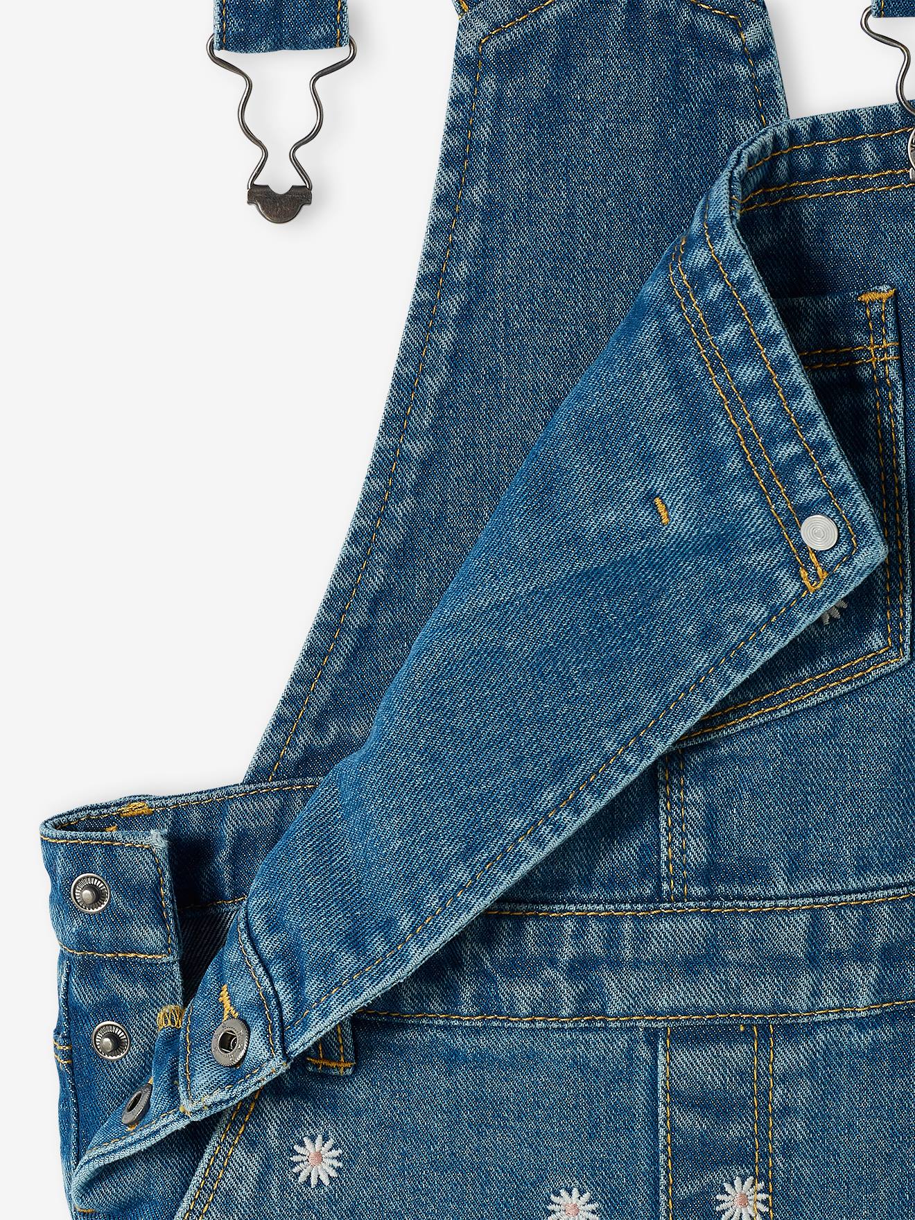 Salopette en jean brodée fleurs fille jambes larges stone