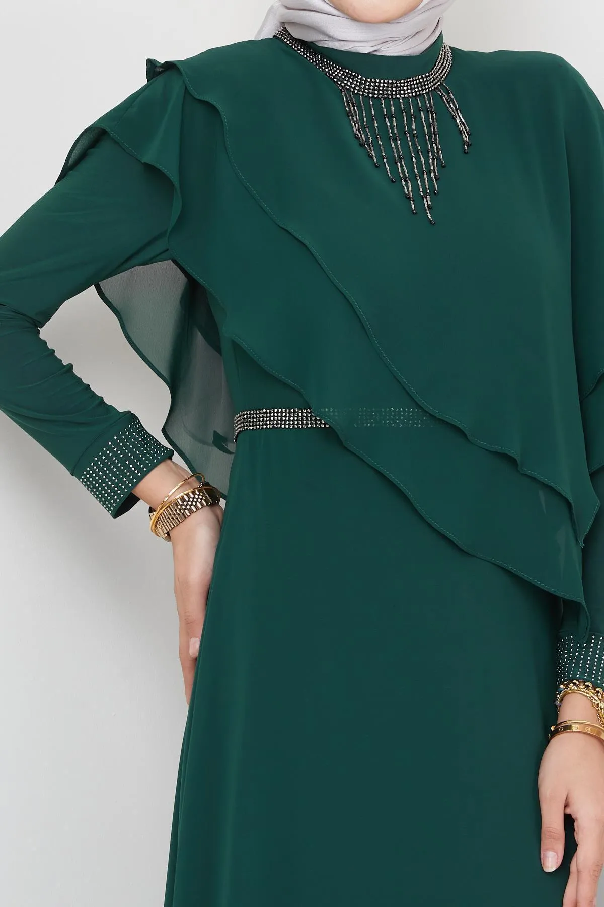 Olcay  Chiffon-Hijab-Abendkleid mit Stein- und Schwungraddetail GRÜN 1651