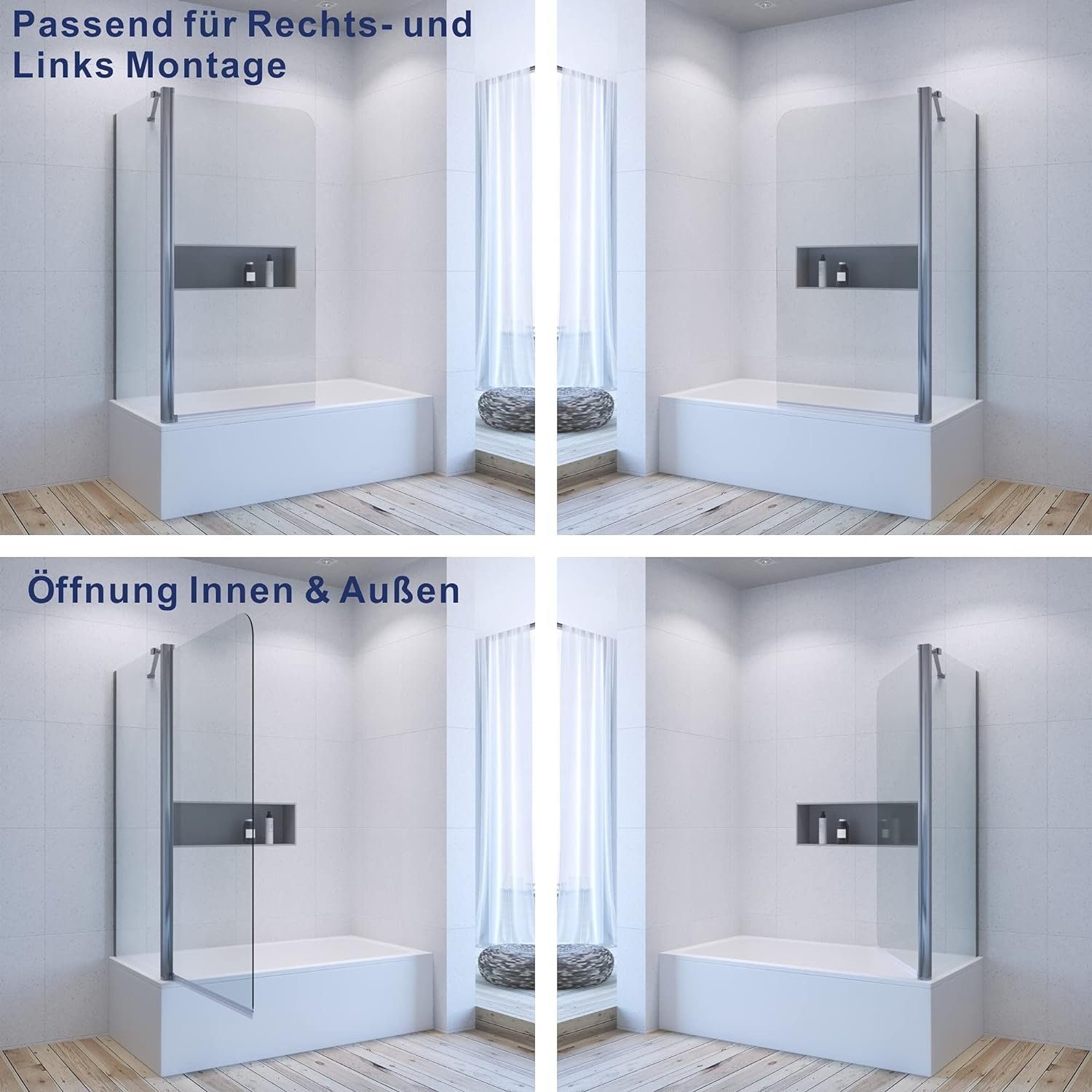AQUABATOS Badewannenaufsatz Duschwand Glas mit Seitenwand 80x75x140cm, Einscheibensicherheitsglas, Sicherheitsglas