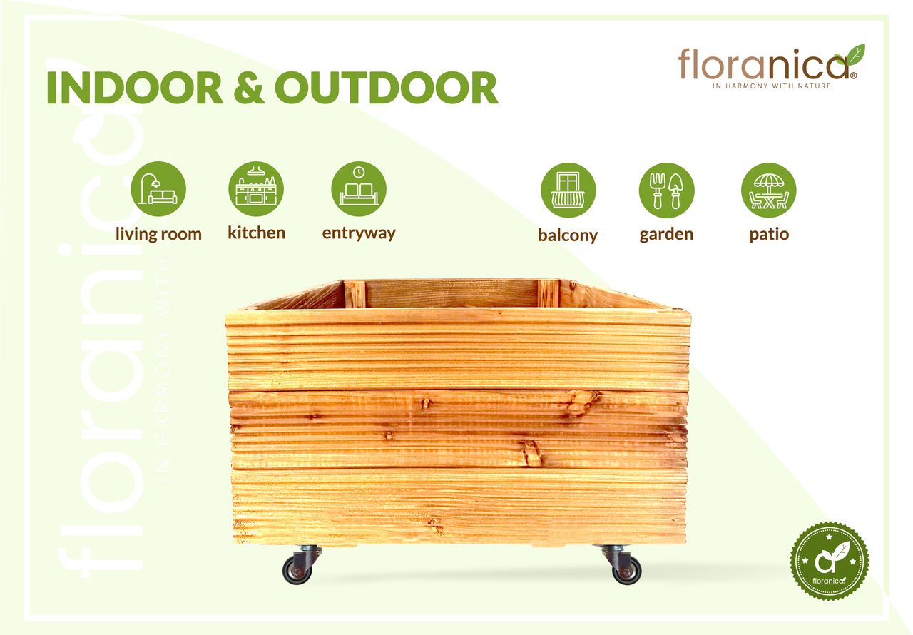 Pemicont Floranica Blumentopf aus Holz Kasten 4 Rollen 50cm x 535cm x 285cm Natural Imprägnierte Lärche Gehäuse für Kräuter Blumen Haus- und Gartendekoration Innen- und Außenbereich