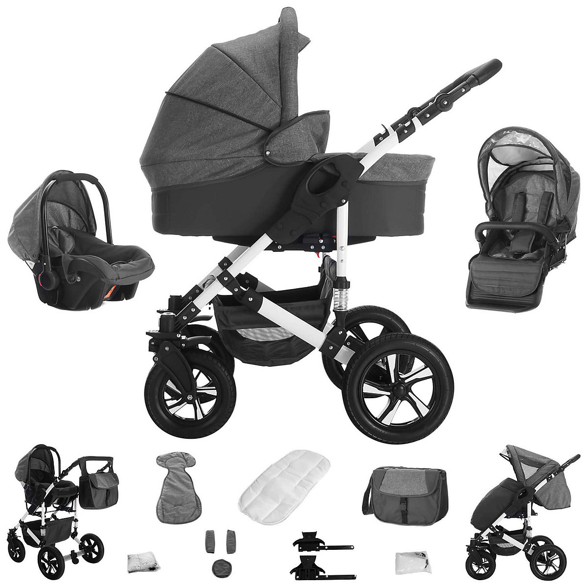 Florida | 3 in 1 Kombi Kinderwagen Komplettset | Hartgummireifen Kombikinderwagen