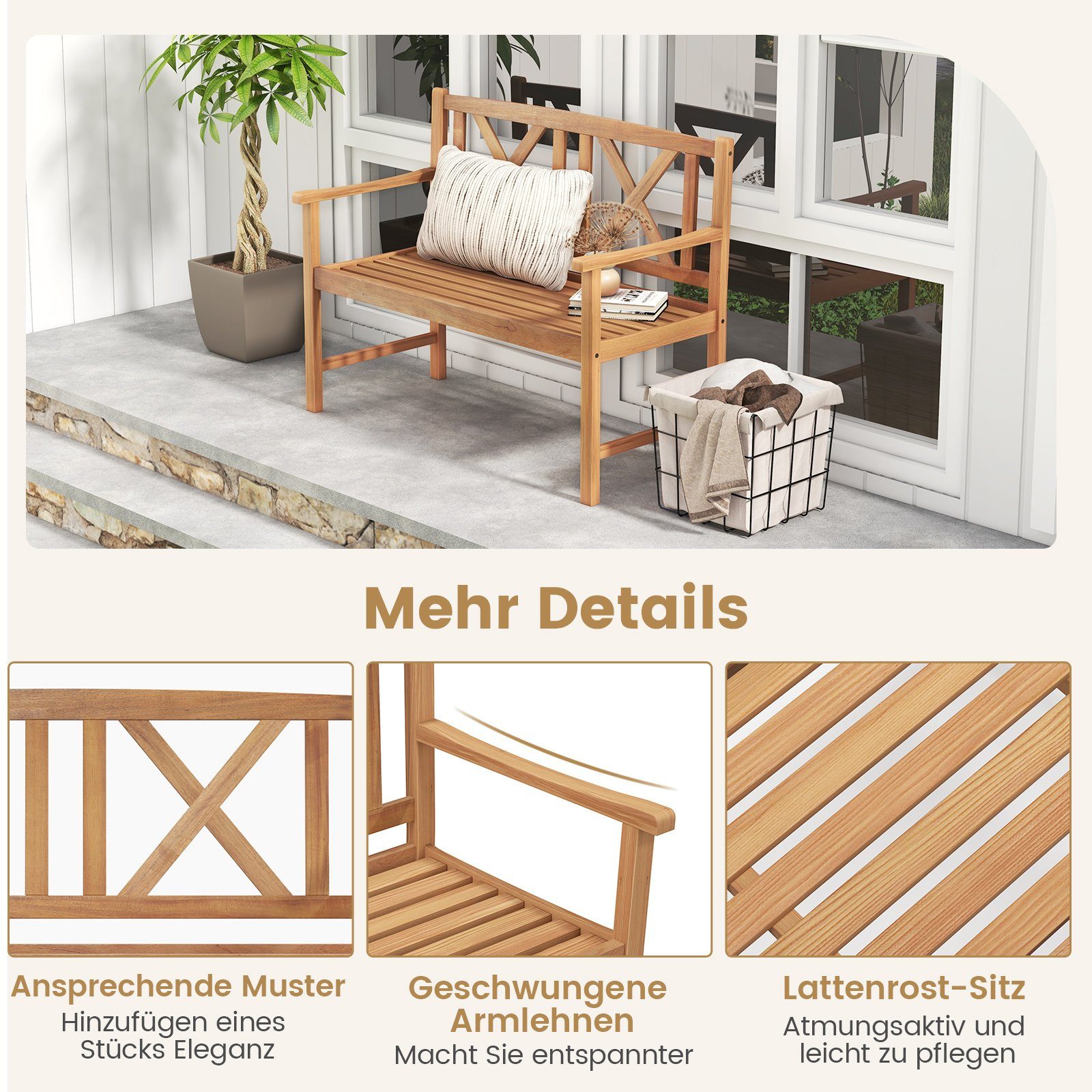COSTWAY Gartenbank, für 2 bis 3 Personen, aus Akazienholz, bis 360kg