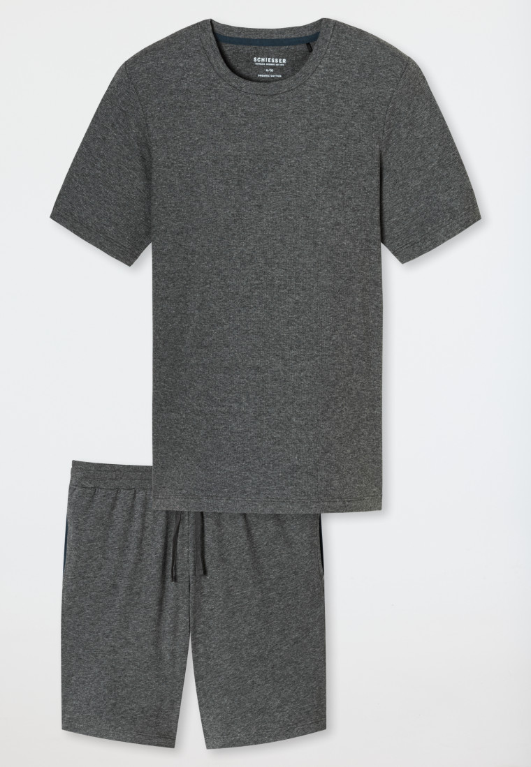 Schlafanzug Doppelripp kurz dunkelgrau meliert - Modern Nightwear