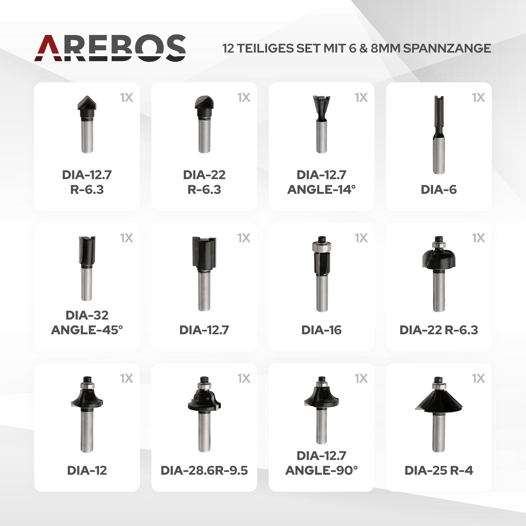 Arebos Oberfräse mit Koffer, 1200 W, inkl. Zubehör + Fräser Set 12-teilig, (Set, Oberfräse)