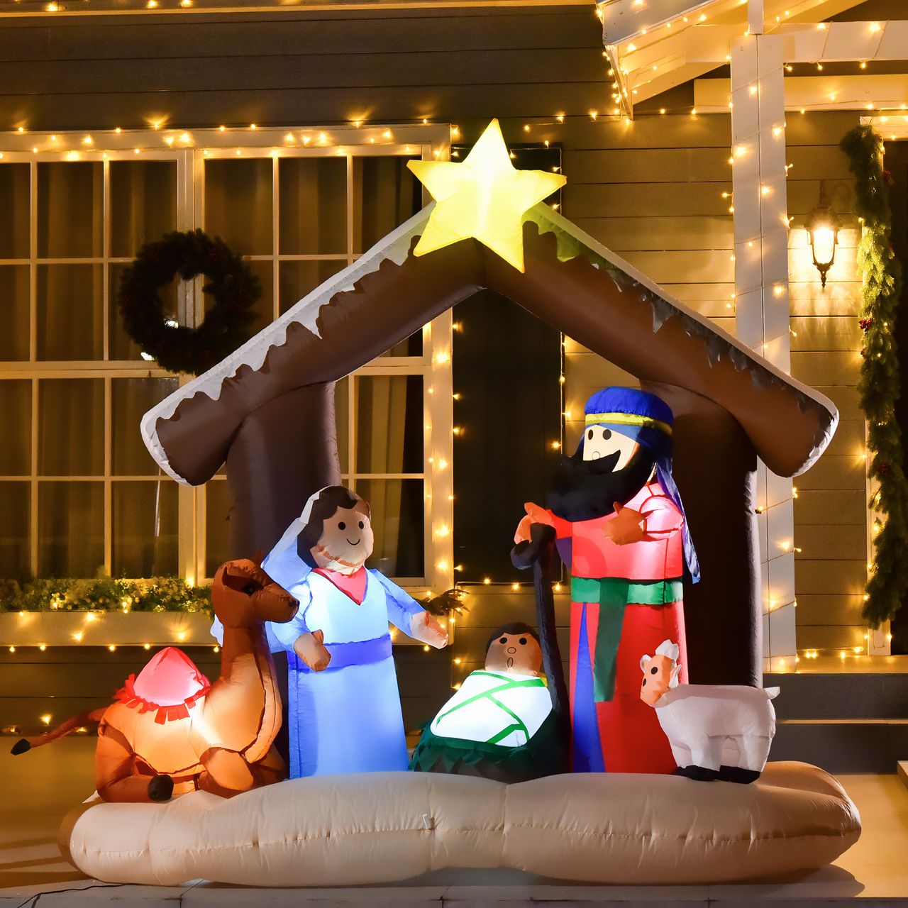 HOMCOM Aufblasbarer Weihnachtsbogen Bibel-Bogen von Jesus' Geburt Weihnachtsdekoration 1,8 m Bogen mit LED-Lichter wasserdicht automatisches Aufblasen Polyester mehrfarbig 201 x 100 x 183 cm