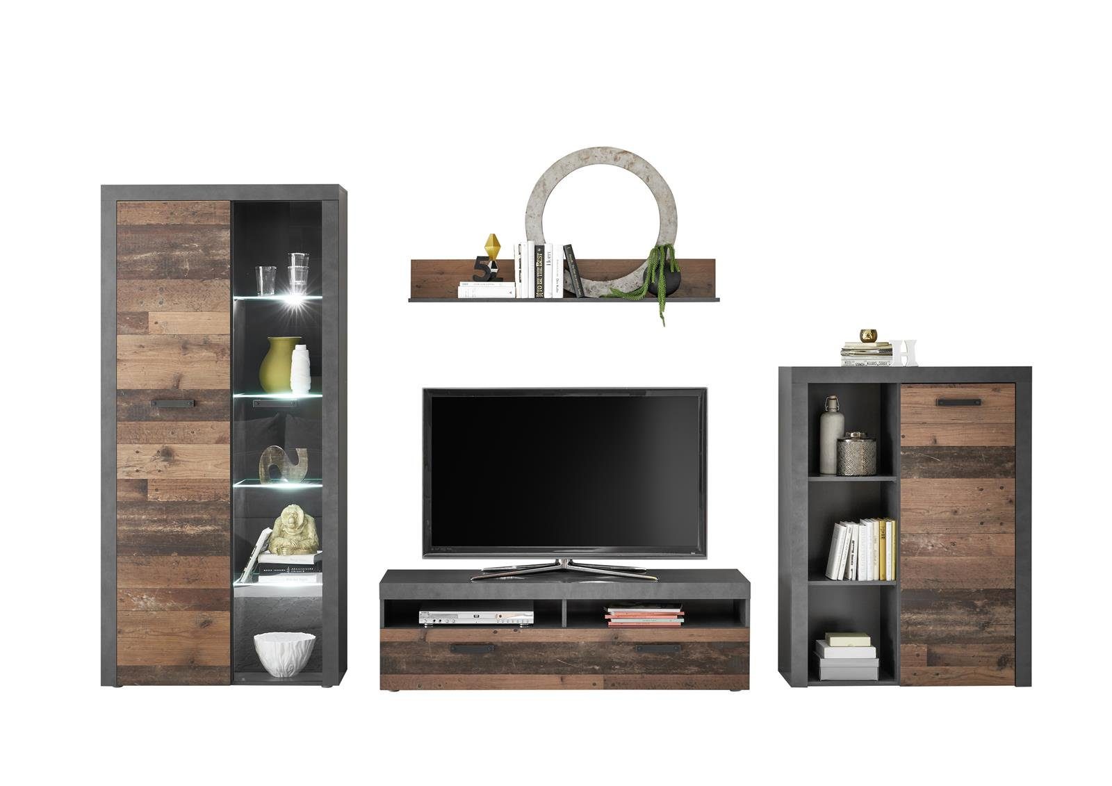 möbelando Wohnwand Johannes, (4-St), Moderne Wohnwand aus Spanplatte, Korpus in Matera, Front in Old Style Dunkel Nachbildung bestehend aus 1 Vitrine, 1 Highboard, 1 TV-Lowboard und 1 Wandboard. LED-Beleuchtung inklusive. Stellmaß ca. Breite 340 cm,