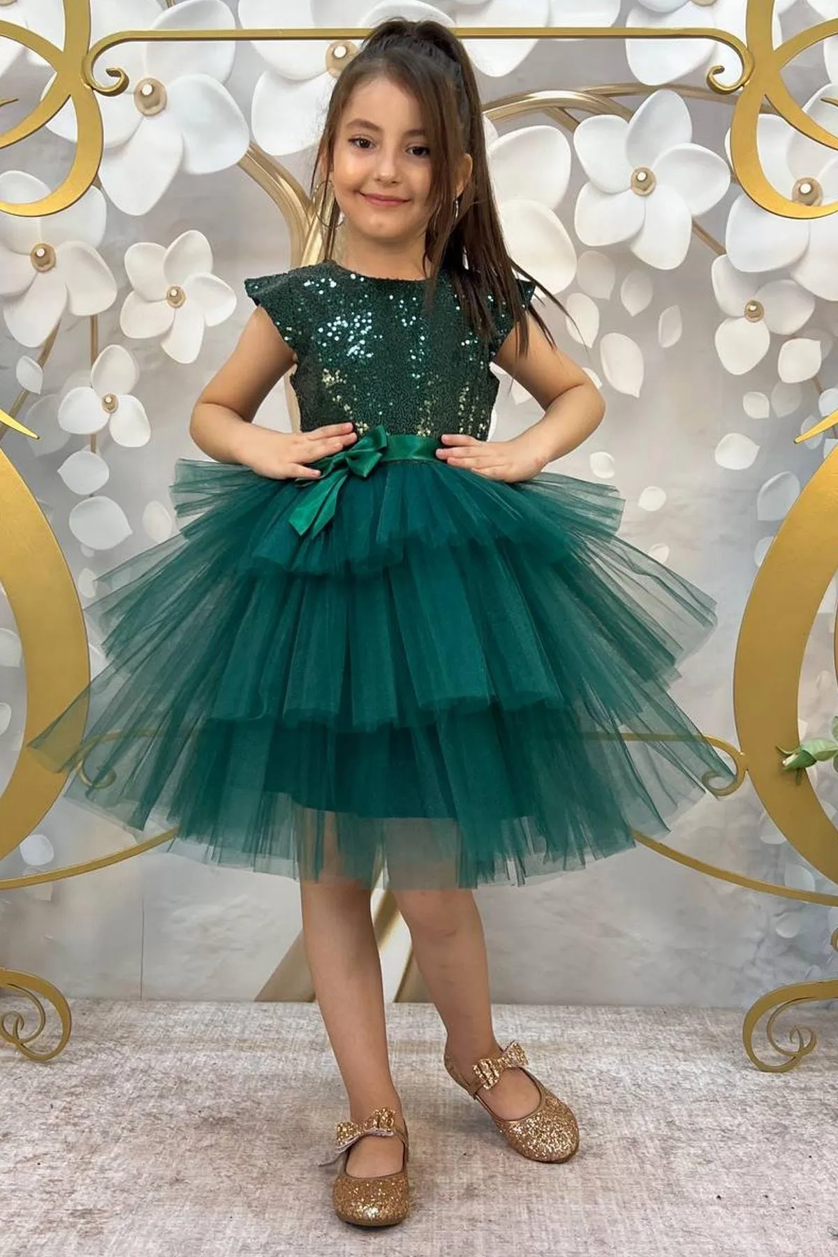 Riccotarz  Mit Pailletten besticktes Katkat-Grün-Abendkleid für Mädchen im Alter von 4–9 Jahren