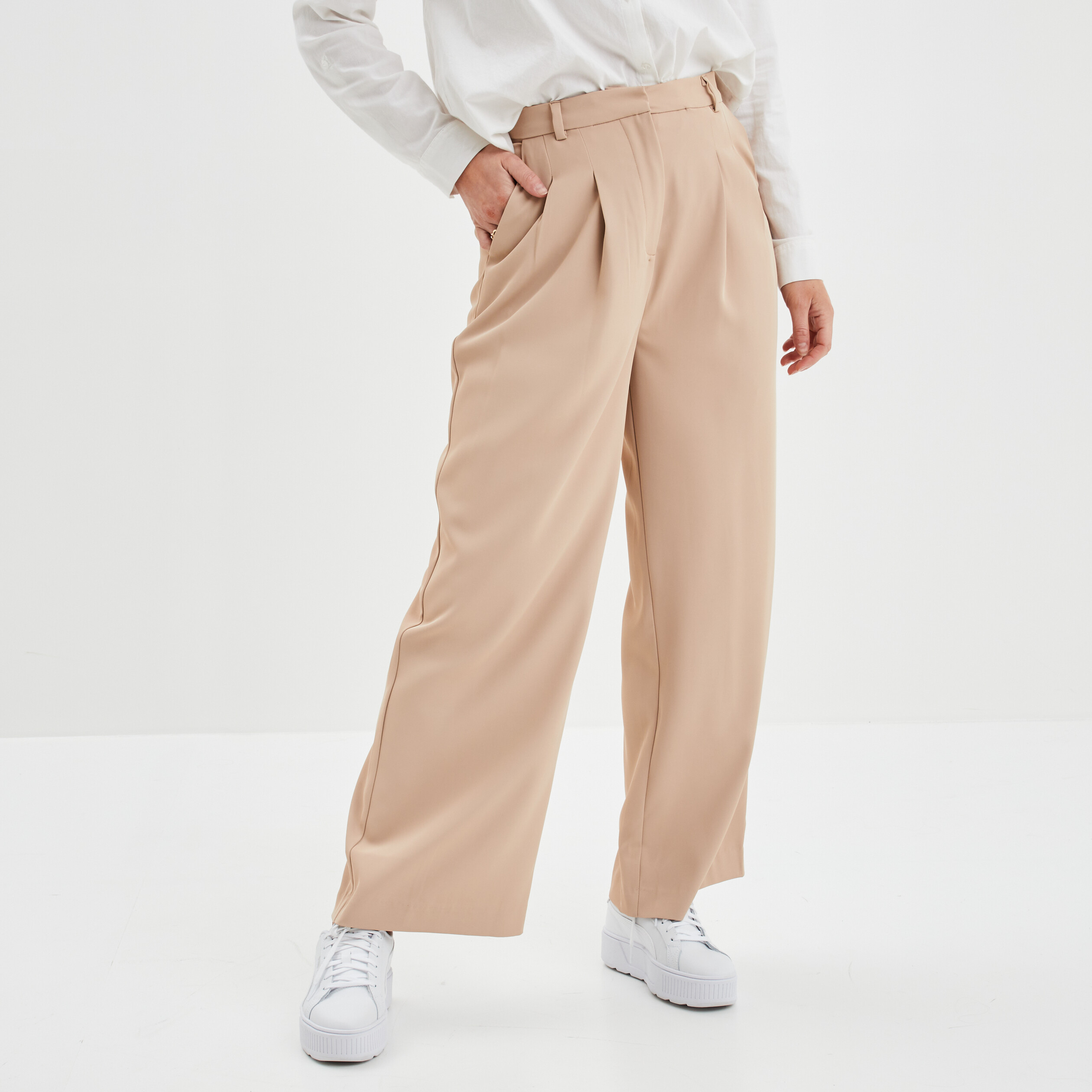 Pantalon city wide leg à pinces sable femme | La Halle
