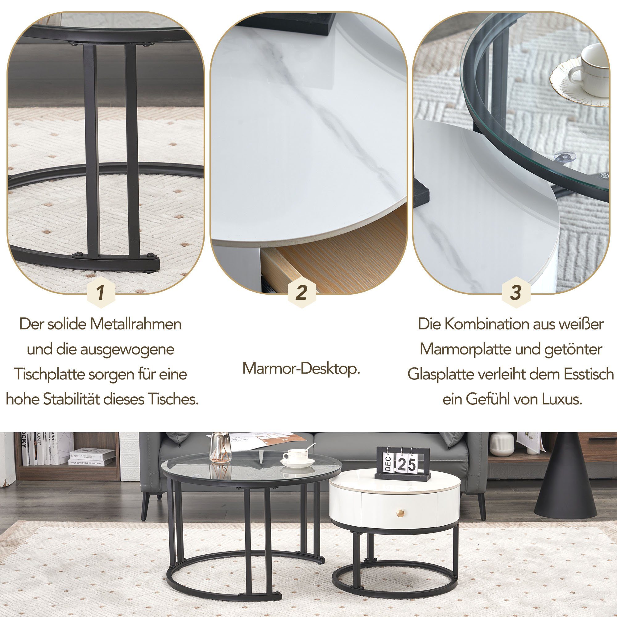 BlingBin Couchtisch Satztisch Beistelltisch (1-St., Elegantes zweiteiliges weißes Couchtisch-Set - Glas), Marmor-Schieferplatte und Massivholzschubladen