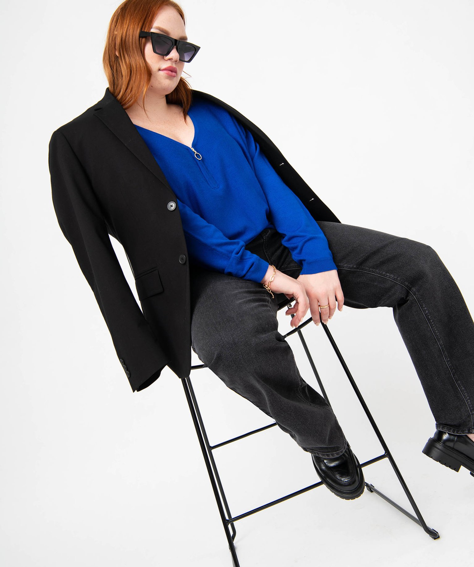 Pull fin avec col V zippé femme grande taille bleu | GEMO