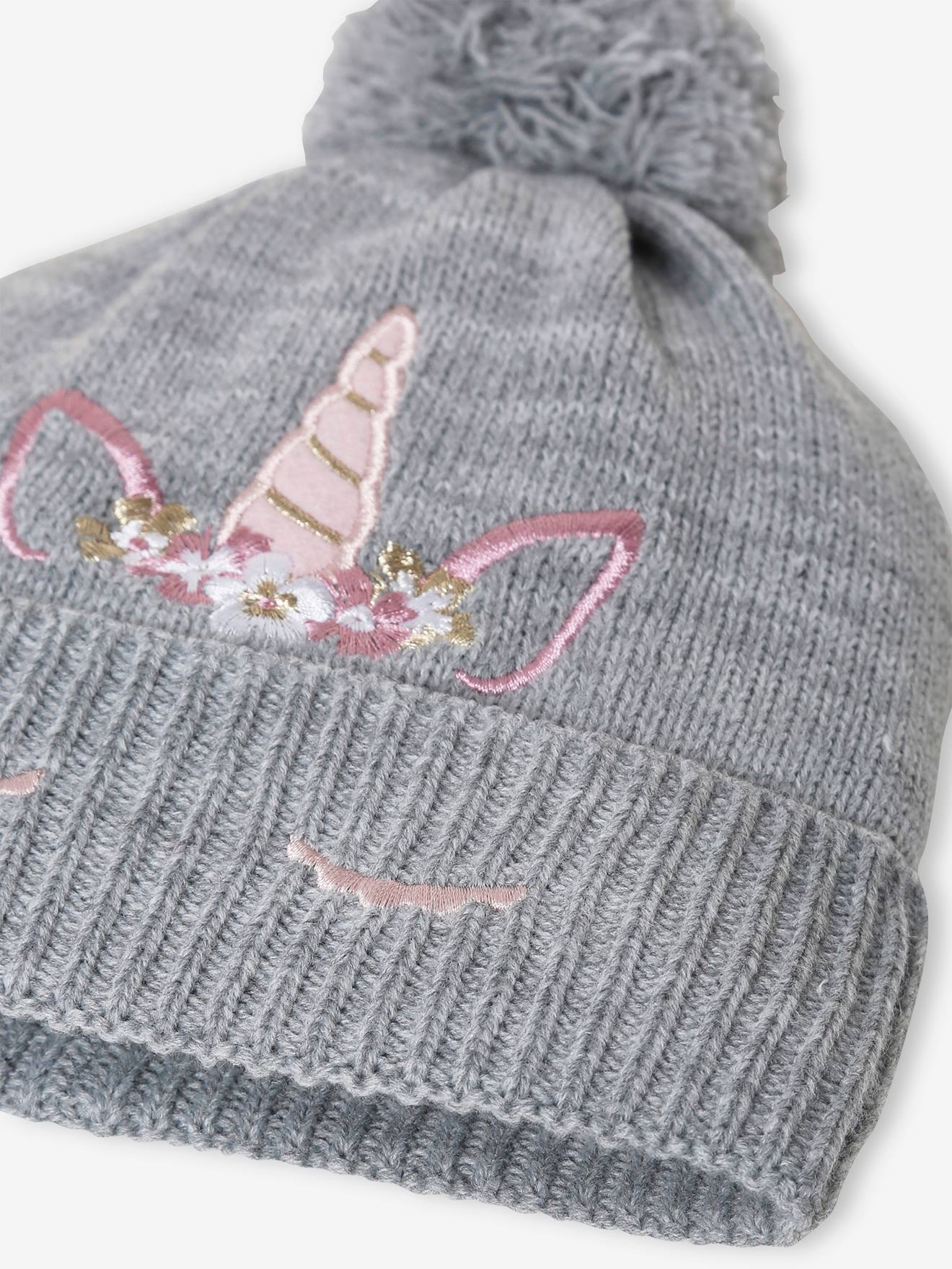 Bonnet brodé licorne fille en maille gris chiné