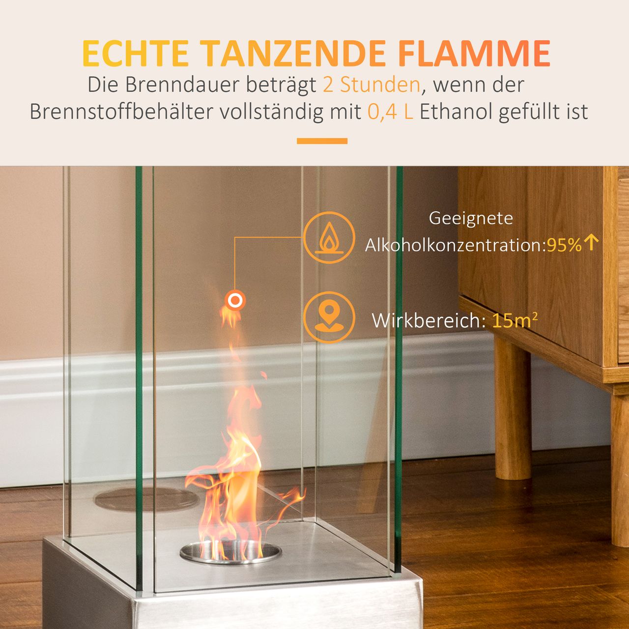 HOMCOM Ethanol-Kamin Feuerschale Bio-Ethanol-Brenner 0,4L 2 Std. Brenndauer 15m² mit Feuerlöschdeckel Edelstahl Hartglas Silber 25 x 25 x 60 cm