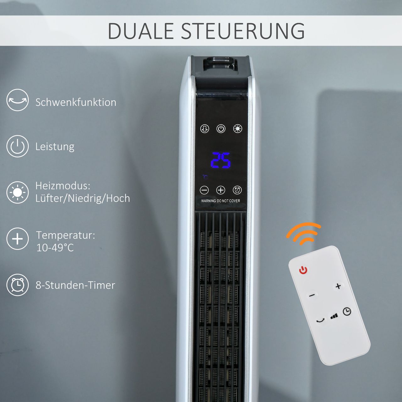 HOMCOM Heizgerät Heizlüfter 2200W Elektroheizer Keramik Heizturm mit Fernbedienung 8-Stunden-Timer Oszillation Heizer Heizung ABS PA Weiß Schwarz 21 x 21 x 73 cm