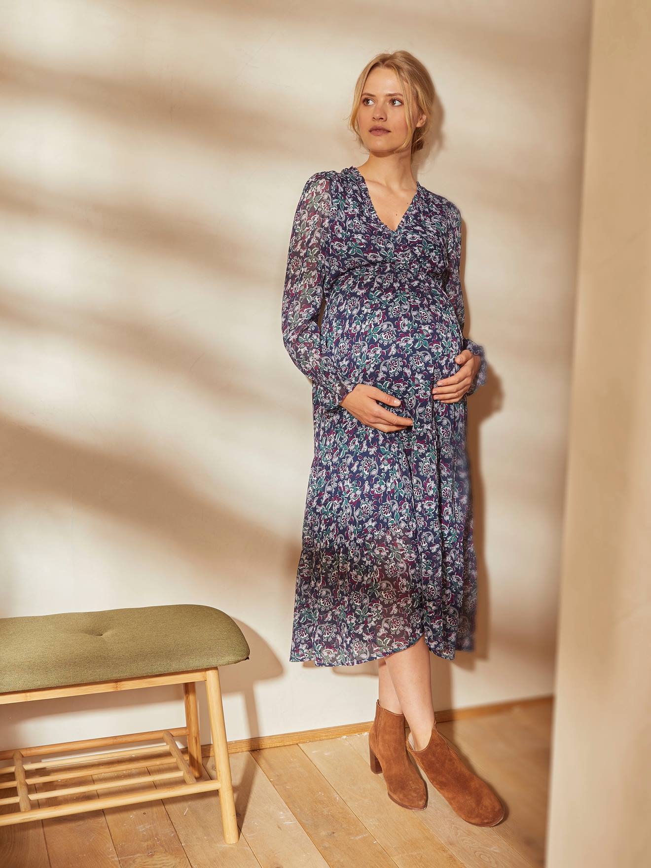 Robe longue crêpe imprimé grossesse et allaitement bleu aop