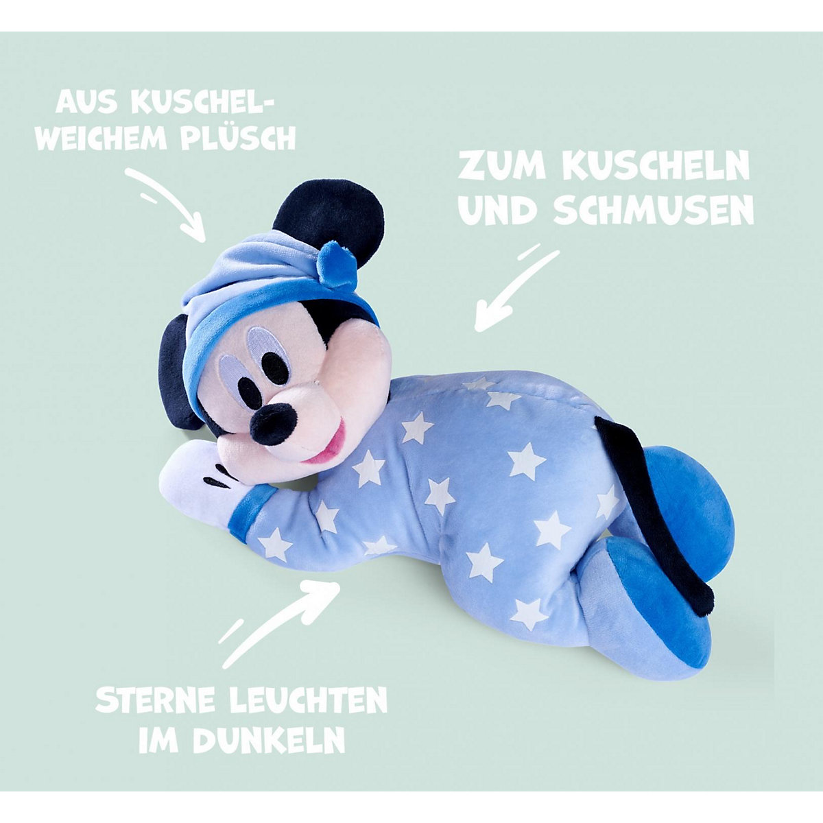 Gute Nacht Mickey liegend, 30 cm Plüschfigur, leuchtet im Dunkeln