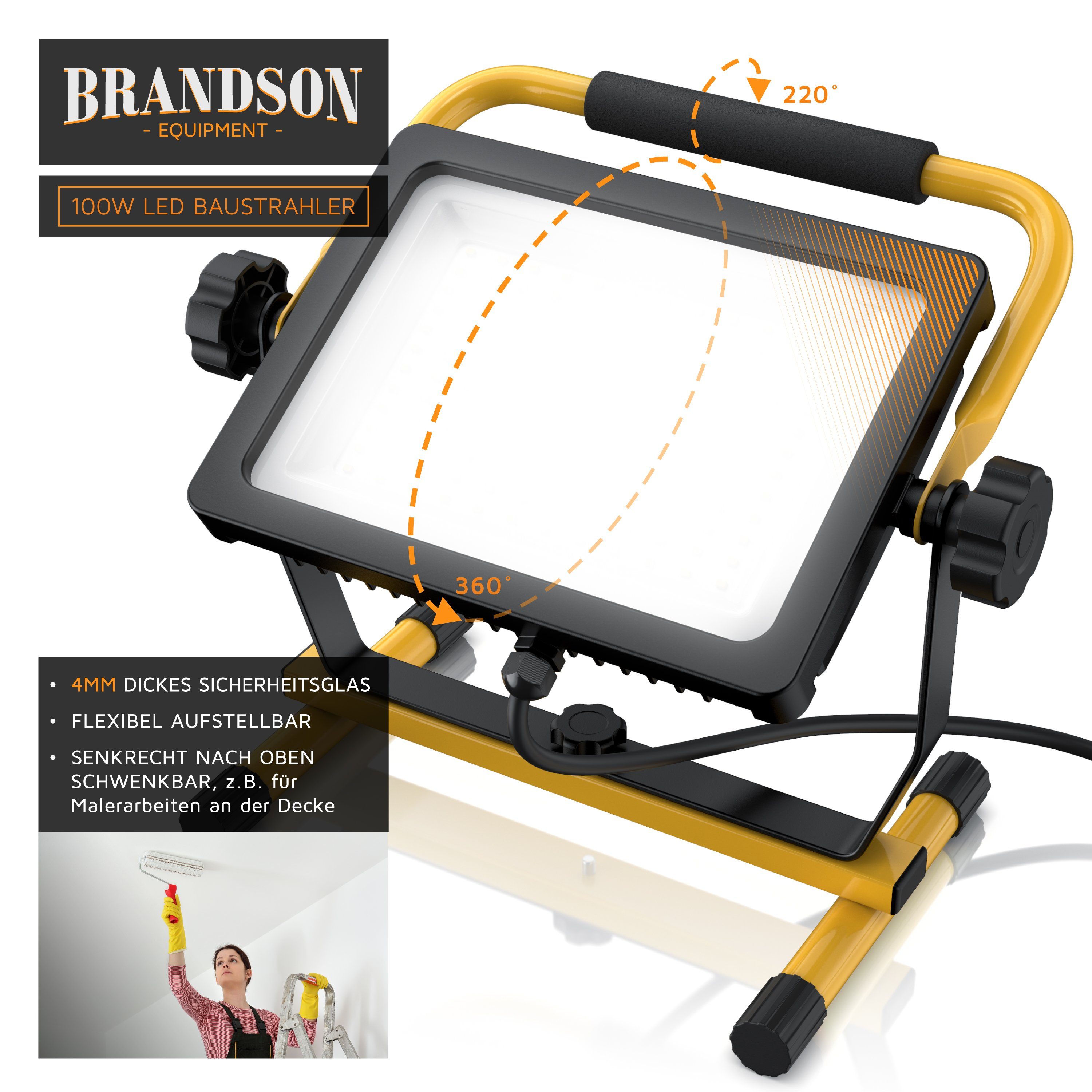 Brandson Baustrahler, LED fest integriert, Tageslichtweiß, 100W LED Arbeitsleuchte mit 144 SMD LEDs, Bauscheinwerfer