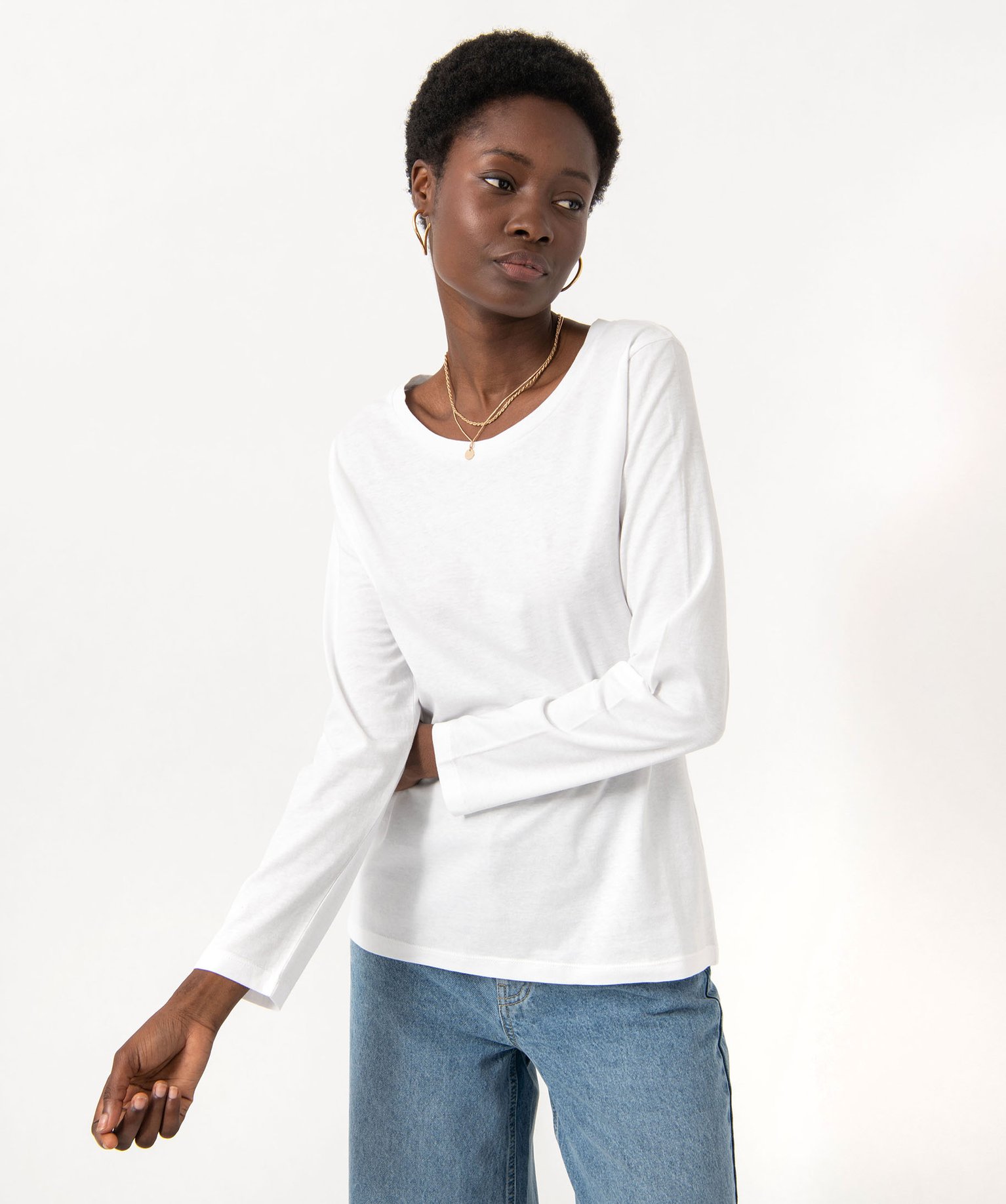 Tee-shirt à manches longues et col rond femme blanc | GEMO