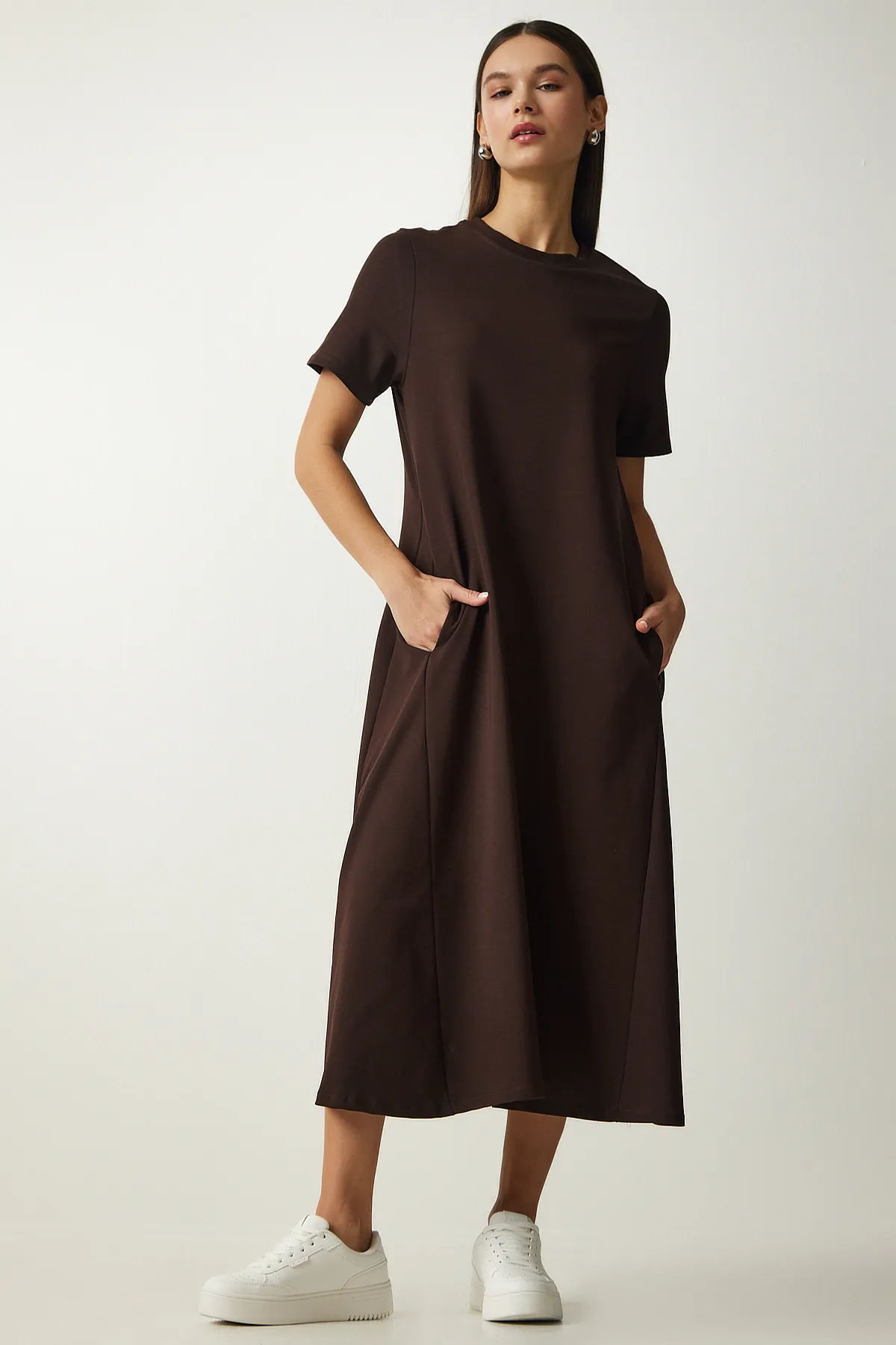 Happiness İstanbul  Braunes A-Linien-Sommerkleid für Damen aus gekämmter Baumwolle UB00060