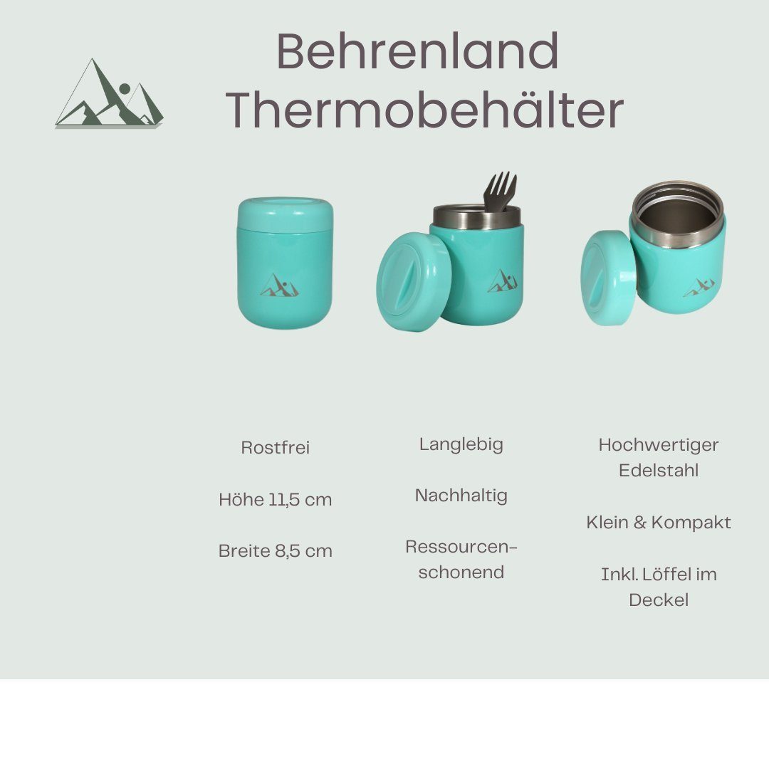 Behrenland Kühlbox Thermobehälter 500 ml - Edelstahl Warmhaltebehälter-Thermo Lunchbox, Inklusive zusammenklappbarem Löffel im Deckelfach