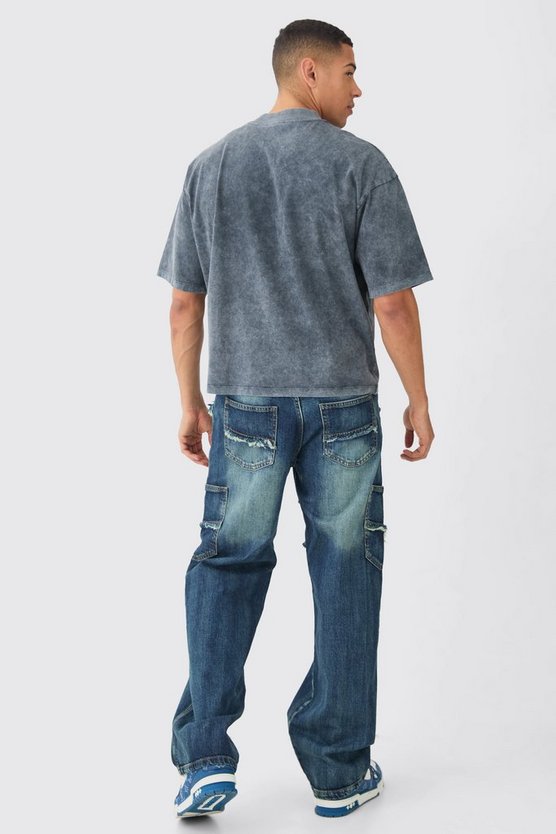 Lockere zerrissene Cargo-Jeans in Mittelblau