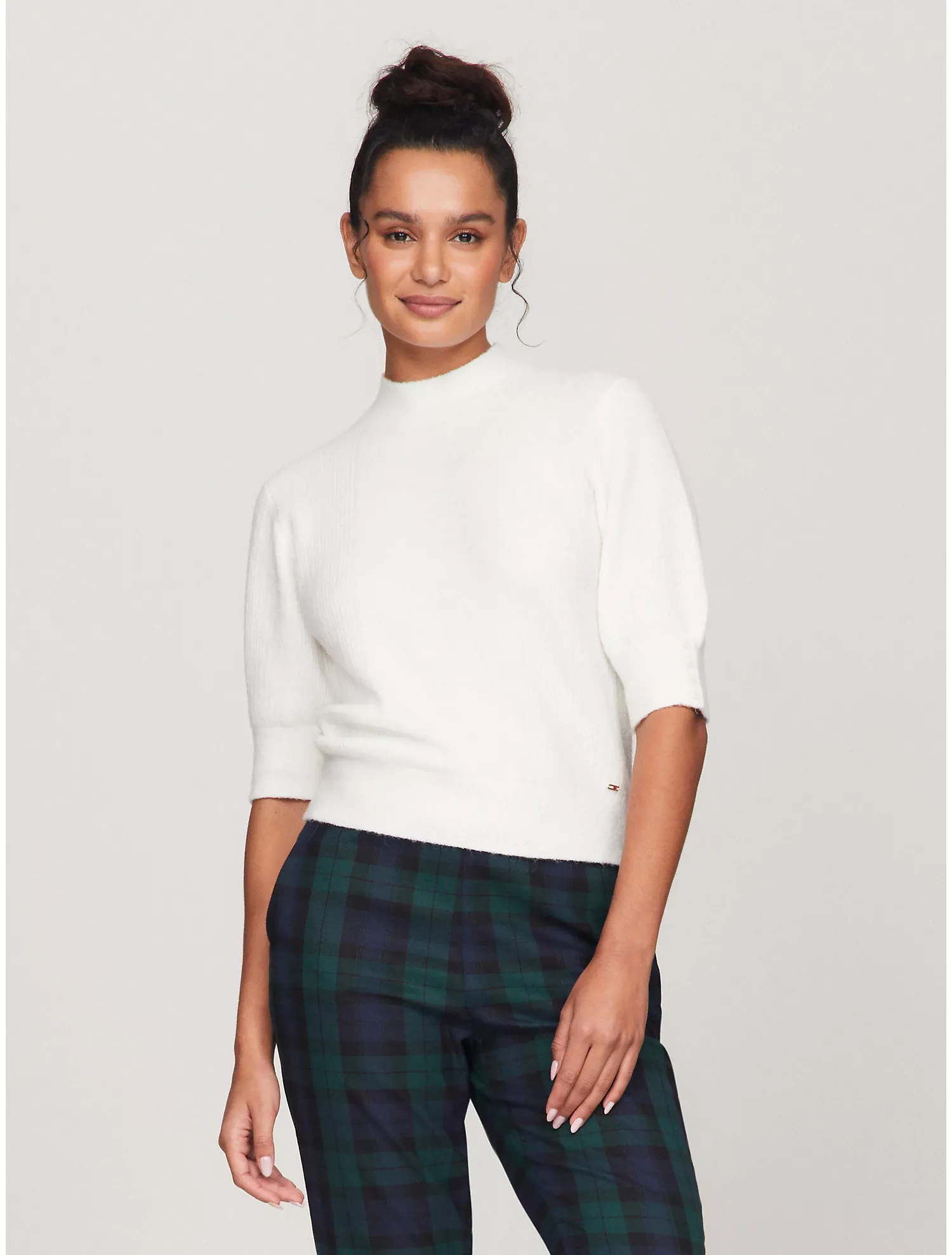 Short-Sleeve Mockneck Mix Knit Sweater