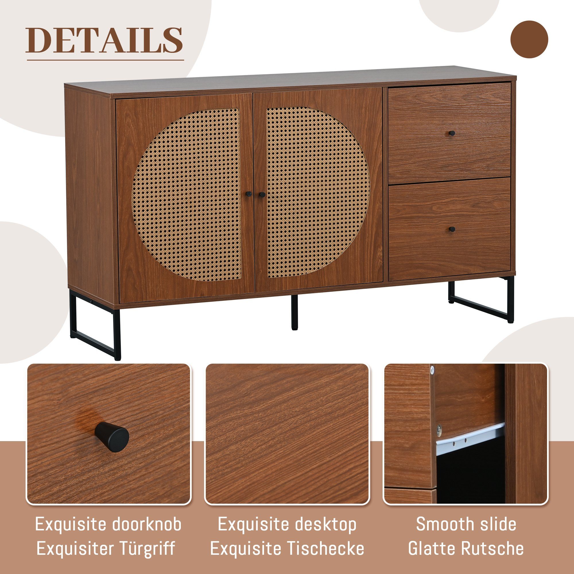 REDOM Sideboard Kommode Mehrzweckschrank (mit 2 Rattan verzierten Türen und 2 Schubladen Kommode Küchenschrank), Highboard mit Metallgriffe