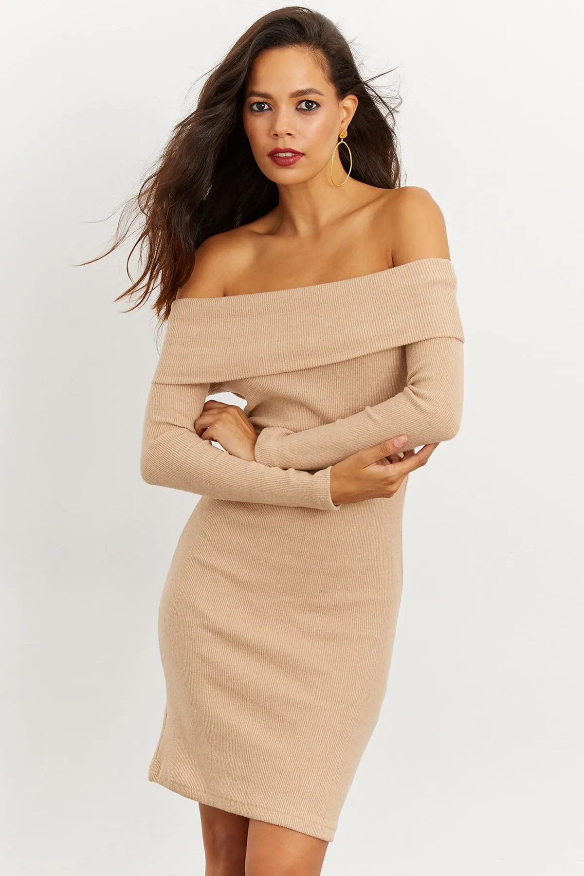 Cool & Sexy  Kamelfarbenes Camisole-Kleid mit Madonna-Kragen für Damen CG272
