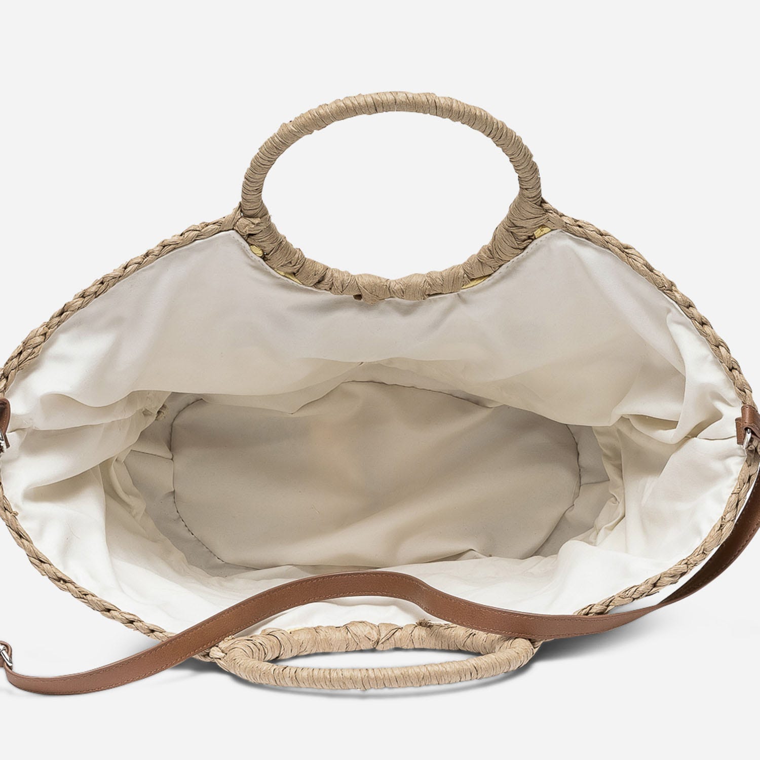 Panier beige foncé et jaune en papier tressé avec bandoulière