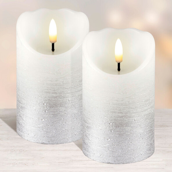 LED-Echtwachskerzen, rustikal, silber, 2 x 2er Set