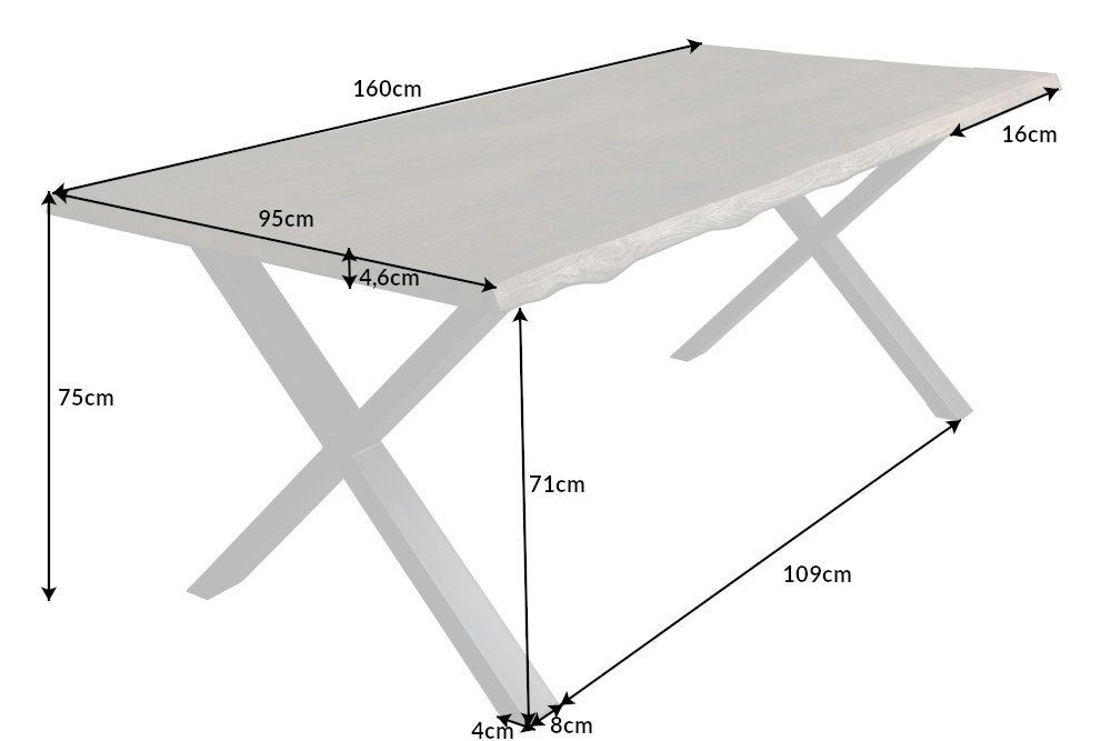 riess-ambiente Baumkantentisch WILD OAK 160cm grau (smoke finish) / schwarz (Einzelartikel, 1-St), Massivholz · Metall · X-Gestell · Wildeiche · geölt · verlängerbar